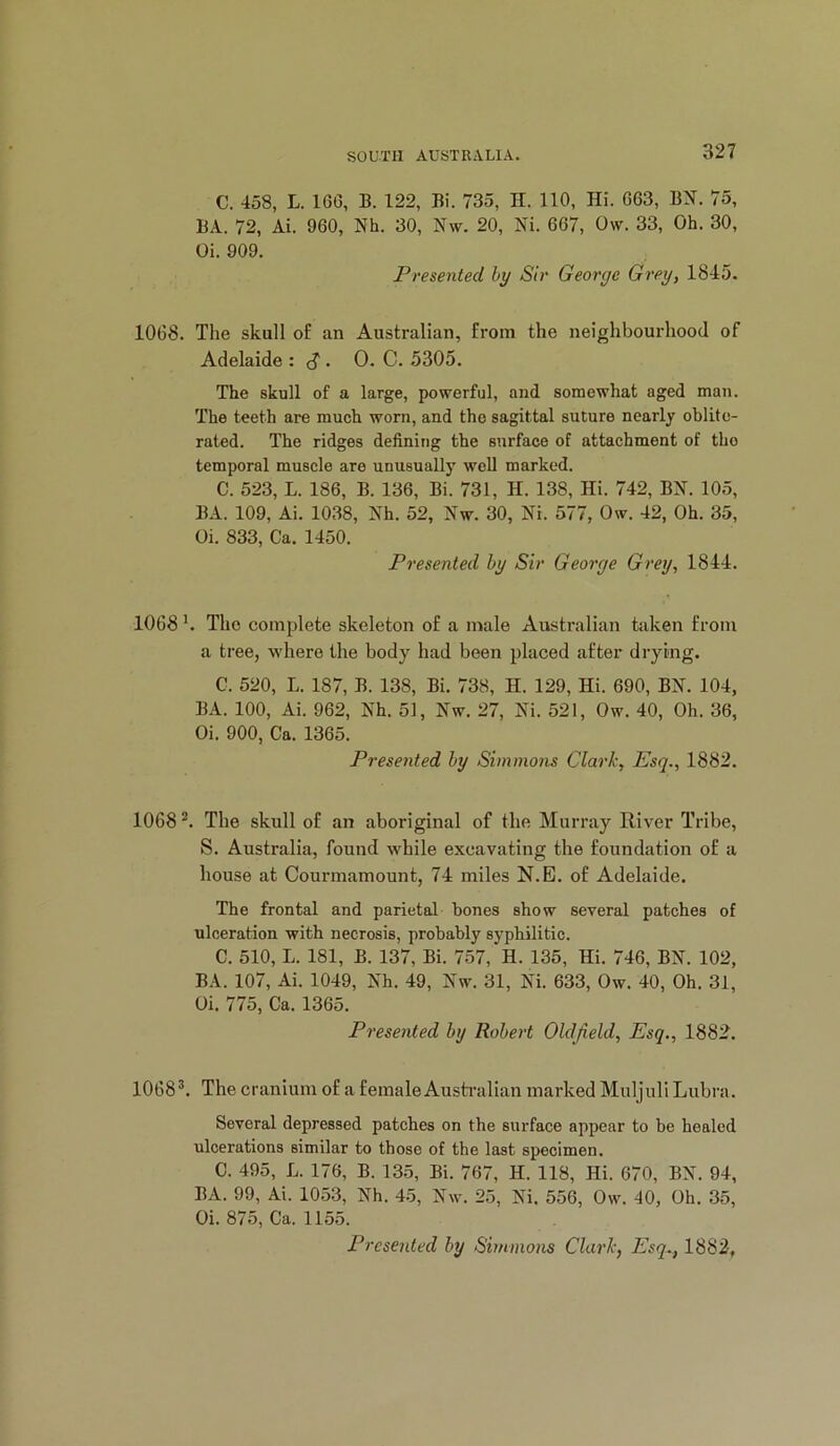 C. 458, L. 166, B. 122, Bi. 735, II. 110, Hi. 663, BN. 75, BA. 72, Ai. 960, Nh. 30, Nw. 20, Ni. 667, Ow. 33, Oh. 30, Oi. 909. Presented hy Sir George Grey, 1845. 1068. The skull of an Australian, from the neighbourhood of Adelaide : (J. 0. C. 5305. The skull of a large, powerful, and somewhat aged man. The teeth are much worn, and the sagittal suture nearly oblite- rated. The ridges defining the surface of attachment of tho temporal muscle are unusually well marked. C. 523, L. 186, B. 136, Bi. 731, H. 138, Hi. 742, BN. 105, BA. 109, Ai. 1038, Nh. 52, Nw. 30, Ni. 577, Ow. 42, Oh. 35, Oi. 833, Ca. 1450. Presented hy Sir George Grey, 1844. 1068 h Tho complete skeleton of a male Australian taken from a tree, wdiere the body had been placed after drying. C. 520, L. 187, B. 138, Bi. 738, H. 129, Hi. 690, BN. 104, BA. 100, Ai. 962, Nh. 51, Nw. 27, Ni. 521, Ow. 40, Oh. 36, Oi. 900, Ca. 1365. Presented hy Simmons Clark, Esq., 1882. 1068 The skull of an aboriginal of the Murray River Tribe, S. Australia, found while excavating the foundation of a house at Courmamount, 74 miles N.E. of Adelaide. The frontal and parietal hones show several patches of ulceration with necrosis, probably syphilitic. C. 510, L. 181, B. 137, Bi. 757, H. 135, Hi. 746, BN. 102, BA. 107, Ai. 1049, Nh. 49, Nw. 31, Ni. 633, Ow. 40, Oh. 31, Oi. 775, Ca. 1365. Presented hy Robert Oldfield, Esq., 1882. 1068^. The cranium of a female Austeilian marked Muljuli Lubra. Several depressed patches on the surface appear to be healed ulcerations similar to those of the last specimen. C. 495, L. 176, B. 135, Bi. 767, H. 118, Hi. 670, BN. 94, BA. 99, Ai. 1053, Nh. 45, Nw. 25, Ni. 556, Ow. 40, Oh. 35, Oi. 875, Ca. 1155. Presented hy Simmons Clark, Esq^, 1882,