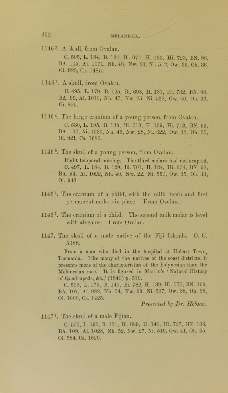 :5r>2 1146 ^ A skull, from Ovalau. C. 505, L. 184, B. 124, Bi. 674, H. 133, Hi. 72.3, BH. 98, BA. 105, Ai. 1071, Nh. 48, Nw. 26, Ni. 542, 0\v. 39, Oh. 36, Oi. 923, Ca. 1485. 1146 A skull, from Ovalau. C. 495, L. 179, B. 125, Bi. 698, H. 131, Hi. 732, BN. 98, BA. 99, Ai. 1010, Nh. 47, Nw. 2.5, Ni. 532, Ow. 40, Oh. 33, Oi. 825. 1146^. The large cranium of a young person, from Ovalau. C. 530, L. 195, B. 139, Bi. 713, H. 139, Hi. 713, BN. 99, BA. 102, Ai. 1030, Nh. 45, Nw. 28, Ni. 622, Ow. 38, Oh. 35, Oi. 921, Ca. 1680. 1146®. The skull of a young person, from Ovalau. flight temporal missing. The third molars had not erupted. C. 497, L. 184, B. 129, Bi. 701, H. 124, Hi. 674, BN. 92, BA. 94, Ai. 1022, Nh. 40, Nw. 22, Ni. 550, Ow. 35, Oh. 33, Oi. 943. 1146®. The cranium of a child, wdth the milk teeth and first permanent molars in place. From Ovalau. 1146^. The cranium of a child. The second milk molar is level with alveolus. From Ovalau. 1147. The skull of a male native of the Fiji Islands. 0. C. 5388. From a man who died in the hospital at Hobart Town, Tasmania. Like many of the natives of the coast districts, it presents more of the characteristics of the Polynesian than the Melanesian race. It is figured in Martin’s ‘ Natural History of Quadrupeds, &c.,’ (1840) p. 310. C. 503, L. 179, B. 140, Bi. 782, H. 139, Hi. 777, BN. 109, BA. 107, Ai. 982, Nh. 54, Nw. 29, Ni. 537, Ow. 38, Oh. 38, Oi. 1000, Ca. 142,5. Presented hy Dr. Hobson. 1147 h The skull of a male Fijian. C. 520, L. 190, B. 131, Bi. 689, H. 140, Hi. 737, BN. 106, BA. 109, Ai. 1028, Nh. 52, Nw. 27, Ni. 519, Ow. 41, Oh. 35, Oi. 584, Ca. 1620.