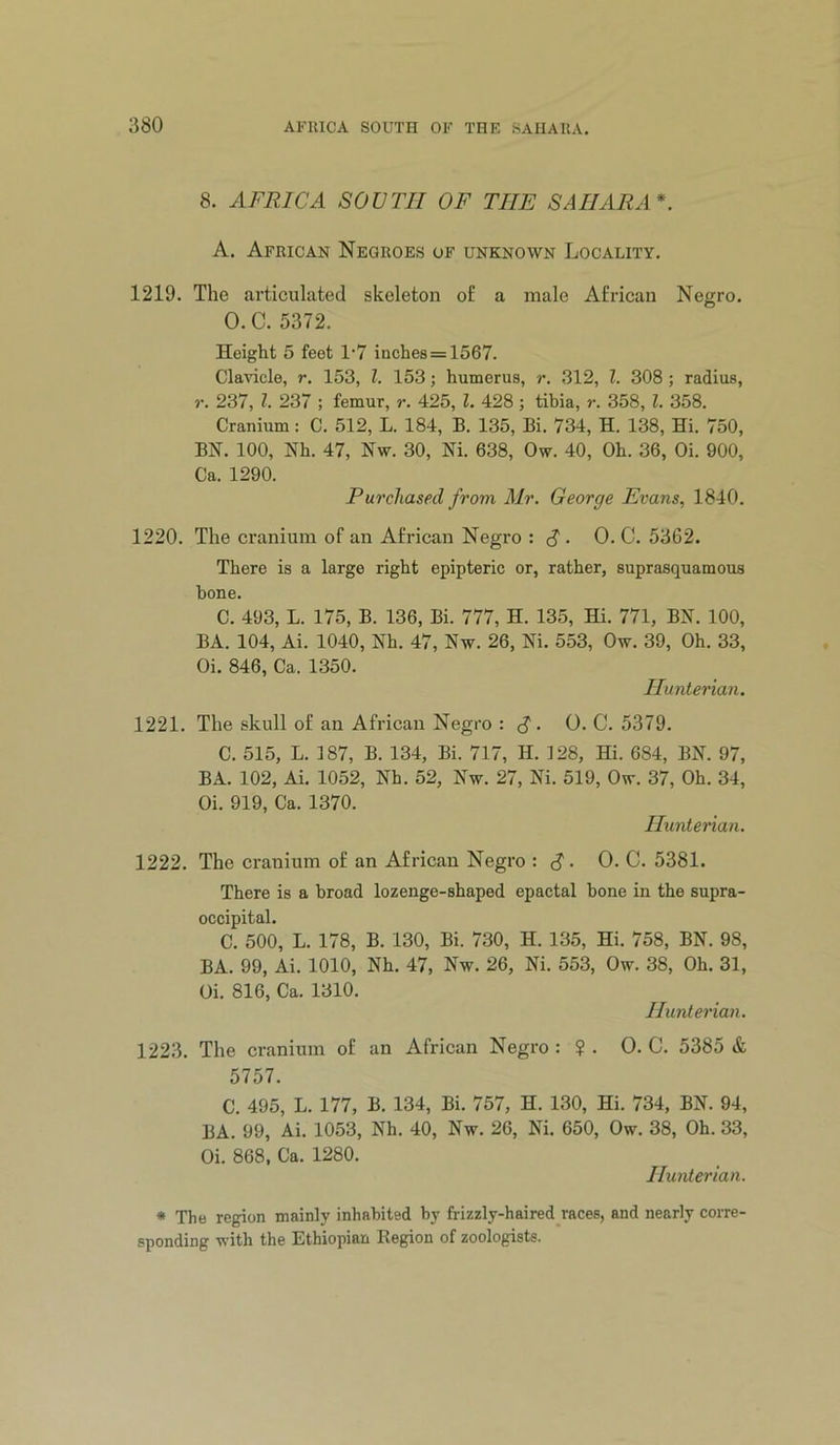 8. AFRICA SOUTH OF THE SAHARA*. A. African Negroes of unknown Locality. 1219. The articulated skeleton o£ a male African Negro. O.C. 5372. Height 5 feet 1’7 inches = 1567. Clawcle, r. 153, 1. 153; humerus, r. 312, 1. 308 ; radius, r. 237, 1. 237 ; femur, r. 425, 1. 428; tibia, r. 358, 1. 358. Cranium: C. 512, L. 184, B. 135, Bi. 734, H. 138, Hi. 750, BN. 100, Nh. 47, Nw. 30, Ni. 638, Ow. 40, Oh. 36, Oi. 900, Ca. 1290. Purchased from Mr. George Evans., 1840. 1220. The cranium of an African Negro : S • 0. C. 5362. There is a large right epipteric or, rather, suprasquamous hone. C. 493, L. 175, B. 136, Bi. 777, H. 135, Hi. 771, BN. 100, BA. 104, Ai. 1040, Nh. 47, Nw. 26, Ni. 553, Ow. 39, Oh. 33, Oi. 846, Ca. 1350. Hunterian. 1221. The skull of an African Negro : S • 0. C. 5379. C. 515, L. 187, B. 134, Bi. 717, H. 128, Hi. 684, BN. 97, BA. 102, Ai. 1052, Nh. 52, Nw. 27, Ni. 519, Ow. 37, Oh. 34, Oi. 919, Ca. 1370. Hunterian. 1222. The cranium of an African Negro : S - 0. C. 5381. There is a broad lozenge-shaped epactal bone in the supra- occipital. C. 500, L. 178, B. 130, Bi. 730, H. 135, Hi. 758, BN. 98, BA. 99, Ai. 1010, Nh. 47, Nw. 26, Ni. 553, Ow. 38, Oh. 31, Oi. 816, Ca. 1310. Hunterian. 1223. The cranium of an African Negro : ? . 0. C. 5385 & 5757. C. 495, L. 177, B. 134, Bi. 757, H. 130, Hi. 734, BN. 94, BA. 99, Ai. 1053, Nh. 40, Nw. 26, Ni. 650, Ow. 38, Oh. 33, Oi. 868, Ca. 1280. Hunterian. * The region mainly inhabited by frizzly-haired races, and nearly corre- sponding with the Ethiopian Region of zoologists.