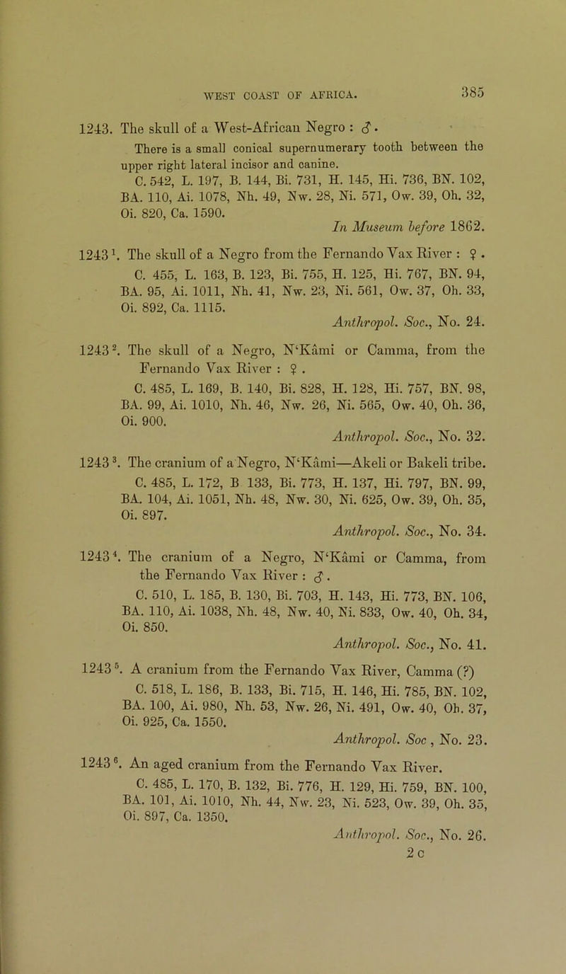 1243. The skull of a West-Africau Negro : S • There is a small conical supernumerary tooth between the upper right lateral incisor and canine. C. 542, L. 197, B. 144, Bi. 731, H. 145, Hi. 736, BN. 102, BA. 110, Ai. 1078, Nh. 49, Nw. 28, Ni. 571, Ow. 39, Oh. 32, Oi. 820, Ca. 1590. In Museum before 18C2. 1243 h The skull of a Negro from the Fernando Vax River : ? . C. 455, L. 163, B. 123, Bi. 755, H. 125, Hi. 767, BN. 94, BA. 95, Ai. 1011, Nh. 41, Nw. 23, Ni. 561, Ow. 37, Oh. 33, Oi. 892, Ca. 1115. Anthropol. Soc., No. 24. 1243 ^ The skull of a Negro, N‘Kami or Gamma, from the Fernando Vax River : ? . C. 485, L. 169, B. 140, Bi. 828, H. 128, Hi. 757, BN. 98, BA. 99, Ai. 1010, Nh. 46, Nw. 26, Ni. 565, Ow. 40, Oh. 36, Oi. 900. Anthropol. Soc., No. 32. 1243 The cranium of a Negro, N‘Kami—Akeli or Bakeli tribe. C. 485, L. 172, B 133, Bi. 773, H. 137, Hi. 797, BN. 99, BA. 104, Ai. 1051, Nh. 48, Nw, 30, Ni. 625, Ow. 39, Oh. 35, Oi. 897. Anthropol. Soc., No. 34. 1243 The cranium of a Negro, N‘Kami or Gamma, from the Fernando Vax River : S • C. 510, L. 185, B. 130, Bi. 703, H. 143, Hi. 773, BN. 106, BA. 110, Ai. 1038, Nh. 48, Nw. 40, Ni. 833, Ow. 40, Oh, 34, Oi. 850. Anthropol. Soc., No. 41. 1243 A cranium from the Fernando Vax River, Gamma (?) C. 518, L. 186, B. 133, Bi. 715, H. 146, Hi. 785, BN. 102, BA. 100, Ai. 980, Nh. 53, Nw. 26, Ni. 491, Ow. 40, Oh. 37, Oi. 925, Ca. 1550. Anthropol. Soc , No. 23. 1243 ®. An aged cranium from the Fernando Vax River. C. 485, L. 170, B. 132, Bi. 776, H. 129, Hi. 759, BN. 100, BA. 101, Ai. 1010, Nh. 44, Nw. 23, Ni. 523, Ow. 39, Oh. 35, Oi. 897, Ca. 1350. Anthropol. Soc., No. 26. 2 c