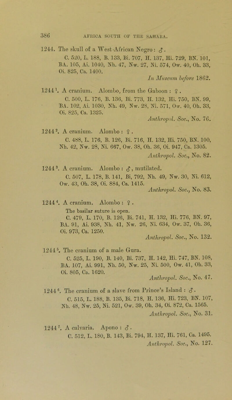 1244. Tlie skull of a West-African Negro : ^ . C. 520, L. 188, B. 133, Bi. 707, H. 137, Hi. 729, BN. 101, BA. 105, Ai. 1040, Nh. 47, Nw. 27, Ni. 574, Ow. 40, Oh. 33, Oi. 825, Ca. 1400. In ^fuseum before 1862. 1244A cranium. Alonibo, from the Gaboon : ? . C. 500, L. 176, B. 136, Bi. 773, H. 132, Hi. 750, BN. 99, BA. 102, Ai. 1030, Nh. 49, Nw. 28, Ni. 571, Ow. 40, Oh. 33, Oi. 825, Ca. 1325. AntliropA. Soc., No. 76. 1244 A cranium. Alombo : $ . C. 488, L. 176, B. 126, Bi. 716, II. 132, Hi. 750, BN. 100, Nh. 42, Nw. 28, Ni. 667, Ow. 38, Oh. 36, Oi. 947, Ca. 1305. Anlhropol. Soc., No. 82. 1244 A cranium. Alombo : , mutilated. C. 507, L. 178, B. 141, Bi, 792, Nh. 49, Nw. 30, Ni. 612, Ow. 43, Oh. 38, Oi. 884, Ca. 1415. Anthropol. Soc., No. 83. 1244 A cranium. Alombo : ? . The basilar suture is open. C. 479, L. 170, B. 126, Bi. 741, H. 132, Hi. 776, BN. 97, BA. 91, Ai. 938, Nh. 41, Nw. 26, Ni. 634, Ow. 37, Oh. 36, Oi. 973, Ca. 1250. Anthropol. Soc., No. 132. 1244®. The cranium of a male Gura. C. 525, L. 190, B. 140, Bi. 737, H. 142, Hi. 747, BN. 108, BA. 107, Ai. 991, Nh. 50, Nw. 25, Ni. 500, Ow. 41, Oh. 33, Oi. 805, Ca. 1620. Anthropol. Soc., No. 47. 1244 ®. The cranium of a slave from Prince’s Island : S • C. 515, L. 188, B. 135, Bi. 718, H. 136, Hi. 723, BN. 107, Nh. 48, Nw. 25, Ni. 521, Ow. 39, Oh. 34, Oi. 872, Ca. 1565. Anthropol. Soc., No. 31. 1244 A calvaria. Apono : S • C. 512, L. 180, B. 143, Bi. 794, H. 137, Hi. 761, Ca. 1495. Aitthropol. Soc., No. 127.