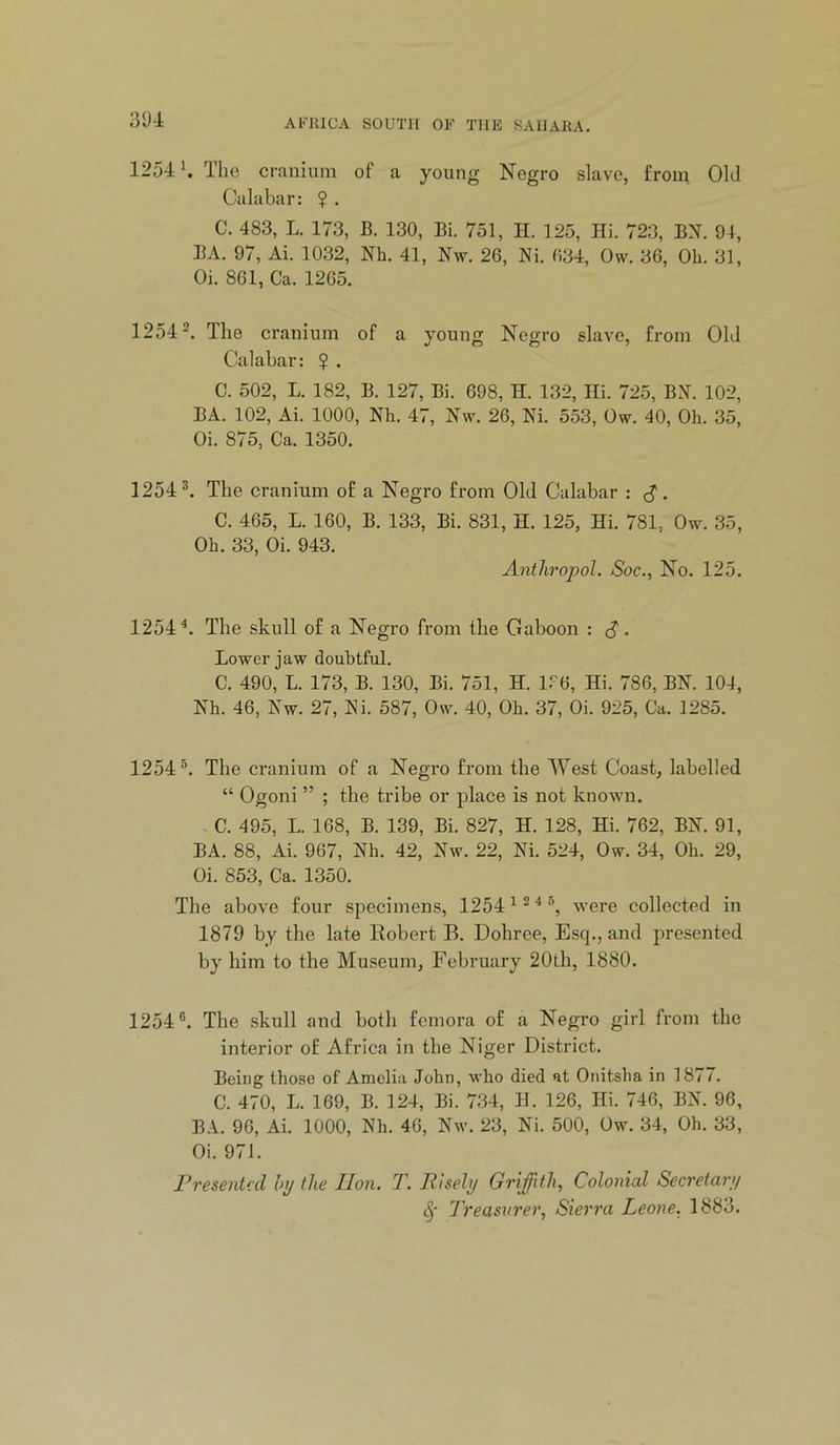 31)4 1254'. The cranium of a young Negro slave, from Old Calabar: ? . C. 483, L. 173, B. 130, Bi. 751, H. 125, Hi. 723, BN. 94, BA. 97, Ai. 1032, Nh. 41, Nw. 26, Ni. 634, Ow. 36, Ob. 31, Oi. 861, Ca. 1265. 12542. The cranium of a young Negro slave, from Old Calabar: ? . C. 502, L. 182, B. 127, Bi. 698, H. 132, Hi. 725, BN. 102, BA. 102, Ai. 1000, Nb. 47, Nw. 26, Ni. 553, Ow. 40, Ob. 35, Oi. 875, Ca. 1350. 12542. The cranium of a Negro from Old Calabar : c?. C. 465, L. 160, B. 133, Bi. 831, H. 125, Hi. 781. Ow. 35, Ob. 33, Oi. 943. Anthropol. Soc., No. 125. 1254^. The skull of a Negro from the Gaboon : Lower jaw doubtful. C. 490, L. 173, B. 130, Bi. 751, H. ire. Hi. 786, BN. 104, Nh. 46, Nw. 27, Ni. 587, Ow. 40, Ob. 37, Oi. 925, Ca. 1285. 12542. The cranium of a Negro from the West Coast, labelled “ Ogoni ” ; the tribe or place is not known. C. 495, L. 168, B. 139, Bi. 827, H. 128, Hi. 762, BN. 91, BA. 88, Ai. 967, Nh. 42, Nw. 22, Ni. 524, Ow. 34, Ob. 29, Oi. 853, Ca. 1350. The above four specimens, 12541245^ were collected in 1879 by the late Robert B. Dohree, Esq., and presented by him to the Museum, February 20th, 1880. 1254 ®. The skull and both femora of a Negro girl from the interior of Africa in the Niger District. Being those of Amelia John, who died at Onitsba in 1877. C. 470, L. 169, B. 124, Bi. 734, H. 126, Hi. 746, BN. 96, BA. 96, Ai. 1000, Nh. 46, Nw. 23, Ni. 500, Ow. 34, Oh. 33, Oi. 971. Presented by the lion, T. PIsely Griffitli, Colonial Secretary Treasurer, Sierra Leone, 1883.