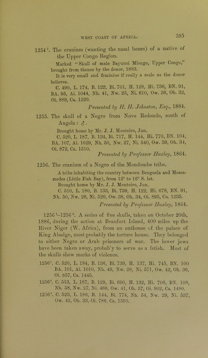 1254 The cranium (wanting the nasal bones) of a native of the Upper Congo Region. Marked “Skull of male Bayunoi Mlongo, Upper Congo,” brought from thence hy the donor, 1883. It is very small and feminine if reall}’ a male as the donor believes. C. 490, L. 174, B. 122, Bi. 701, H. 128, Hi. 736, BN. 91, BA. 95, Ai. 1044, Nh. 41, Nw. 25, Ni. 610, Ow. 36, Oli. 32, Oi. 889, Ca. 1220. Presented hy II. II. Johnston, Esq., 1884. 1255. The skull of a Negro from Novo Redondo, south of Angola : ^. Brought home by Mr. J. J. Monteiro, Jun. C. 520, L. 187, B. 134, Bi. 717, H. 144, Hi. 770, BN. 104, BA. 107, Ai. 1029, Nh. 50, Nw. 27, Ni. 540, Ow. 39, Oh. 31, Oi. 872, Ca. 1510. Presented by Professor Huxley, 1864. 1256. The cranium of a Negro of the Mondombe tribe. A tribe inhabiting the country between Benguela and Mossa- . medes (Little Pish Bay), from 12° to 16° S. lut. Brought home by Mr. J. J. Monteiro, Jun. C. 510, L. 180, B. 133, Bi. 739, H. 122, Hi. 678, BN. 91, Nh. 50, Nw. 26, Ni. 520, Ow. 38, Oh. 34, Oi. 895, Ca. 1235. Presented hy Professor Huxley, 1864. 1256 ^-1256 A series of five skulls, taken on October 20th, 1886, during the action at Beaufort Island, 400 miles up the River Niger (W. Africa), from an outhouse of the palace of King Abadge, most probably the torture house. They belonged to either Negro or Ai-ab prisoners of war. The lower jaws have been taken away, probab'y to serve as a fetish. Most of the skulls show marks of violence. 1256b C. 520, L. 184, B. 136, Bi. 739, H. 137, Hi. 745, BN. 100 BA. 101, Ai. 1010, Nh. 49, Nw. 28, Ni. 571, Ow. 42, Oh. 36, Oi. 857, Ca. 1445. 1256b C. 513, L. 187, B. 129, Bi. 690, H. 132, Hi. 706, BN. 108, Nh. 58, Nw. 27, Ni. 466, Ow. 41, Oh. 37, Oi. 902, Ca. 1480. 1256b C. 523, L. 186, B. 144, Bi. 774, Nh. 54, Nw. 29, Ni. 537, Ow. 42, Oh. 33, Oi. 786, Ca. 1590.