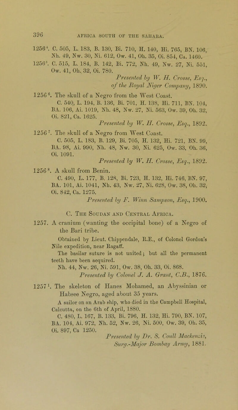 39G 1256'. C. 505, L. 183, B. 130, Bi. 710, H. 140, Hi. 765, BN. 106, Nh. ‘JO, Nw. 30, Ni. 612, 0\v. 41, Oh. 35, Oi. 854, Ca. 1460. 1256®. C. 515, L. 184, B. 142, Bi. 772, Nh. 49, Nw. 27, Ni. 551, Ow. 41, Oh. 32, Oi. 780. Presented hy TF. II. Crosse, Esj., of the lioyal Niger Company, 1800. 1256®. The skull of a Negro from the West Coast. C. 540, L. 194, B. 136, Bi. 701, H. 138, Hi. 711, BN. 104, BA. 106, Ai. 1019, Nh. 48, Nw. 27, Ni. 563, Ow. 39, Oh. 32, Oi. 821, Ca. 1625. Presented by IF. II. Crosse, Esq., 1892. 1256 The skull of a Negro from West Coast. C. 505, L. 183, B. 129, Bi. 705, H. 132, Hi. 721, BN. 99, BA. 98, Ai. 990, Nh. 48, Nw. 30, Ni. 625, Ow. 33, Oh. 36, Oi. 1091. Presented by IF. II. Crosse, Esq., 1892. 1256*. A skull Horn Benin. C. 490, L. 177, B. 128, Bi. 723, H. 132, Hi. 746, BN. 97, BA. 101, Ai. 1041, Nh. 43, Nw. 27, Ni. 628, Ow. 38, Oh. 32, Oi. 842, Ca. 1275. Presented by F. Winn Samqison, Esq., 1900. C. The Soudan and Central Africa. 1257. A cranium (wanting the occipital bone) of a Negro of the Bari tribe. Obtained by Lieut. Chippendale, E.E., of Colonel Gordon’s Nile expedition, near Eagatf. The basilar suture is not united; but all the permanent teeth have been acquired. Nh. 44, Nw. 26, Ni. 591, Ow. 38, Oh. 33, Oi. 868. Presented by Colonel J. A. Grant, C.B., 1876. 1257 k The skeleton of Hanes Mohamed, an Abyssinian or Habsee Negro, aged about 35 years. A sailor on an Arab ship, who died in the Camiibell Hospital, Calcutta, on the 6th of April, 1880. C. 480, L. 167, B. 133, Bi. 796, H. 132, Hi. 790, BN. 107, BA. 104, Ai. 972, Nh. 52, Nw. 26, Ni. 500, Ow. 39, Oh. 35, Oi. 897, Ca 1250. Presented by Dr. S. Coidl Mackenzi?, Surg.-Major Bombay Army, 1881.