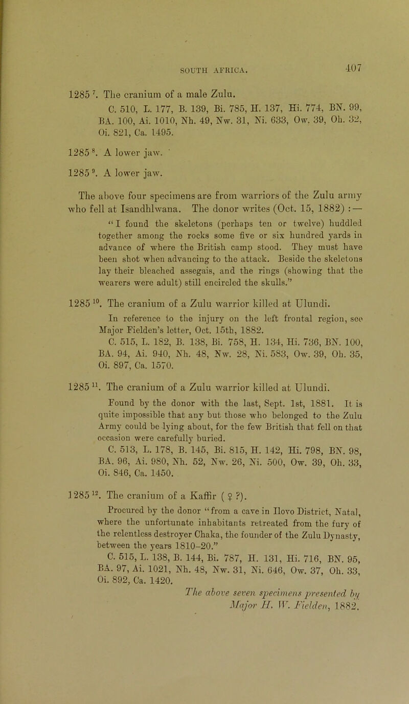 4U7 1285 ^ The cranium of a male Zulu. C. 510, L. 177, B. 139, Bi. 785, H. 137, Hi. 774, BN. 99, BA. 100, Ai. 1010, Nh. 49, Nw. 31, Ni. 633, 0\v. 39, Oh. 32, Oi. 821, Ca. 1495. 1285 A lower jaw. 1285 A lower jaw. The above four specimens are from warriors of the Zulu army who fell at Isandhlwana. The donor writes (Oct. 15, 1882) : — “ I found the skeletons (perhaps ten or twelve) huddled together among the rocks some five or six hundred yards in advance of where the British camp stood. They must have been shot when advancing to the attack. Beside the skeletons lay their bleached assegais, and the rings (showing that the wearers were adult) still encircled the skulls.” 1285 The cranium of a Zulu warrior killed at Ulundi. In reference to the injury on the left frontal region, see Major Fielden’s letter, Oct. 15th, 1882. C. 515, L. 182, B. 138, Bi. 758, H. 134, Hi. 736, BN. 100, BA. 94, Ai. 940, Nh. 48, Nw. 28, Ni. 583, Ow. 39, Oh. 35, Oi. 897, Ca. 1570. 1285 The cranium of a Zulu warrior killed at Ulundi. Found by the donor with the last. Sept. 1st, 1881. It is quite impossible that any but those who belonged to the Zulu Army could be lying about, for the few British that fell on that occasion were carefully buried. C. 513, L. 178, B. 145, Bi. 815, H. 142, Hi. 798, BN. 98, BA. 96, Ai. 980, Nh. 52, Nw. 26, Ni. 500, Ow. 39, Oh. 33, Oi. 846, Ca. 1450. 1285 The cranium of a Kaffir ( $ ?). Procured by the donor “from a cave in Ilovo District, Natal, where the unfortunate inhabitants retreated from the fury of the relentless destroyer Chaka, the founder of the Zulu Dynasty, between the years 1810-20.” C. 515, L. 138, B. 144, Bi. 787, H. 131, Hi. 716, BN. 95, BA. 97, Ai. 1021, Nh. 48, Nw. 31, Ni. 646, Ow. 37, Oh. 33, Oi. 892, Ca. 1420. The above seven specimens presented by Majcyr H. W. Fielden, 1882.