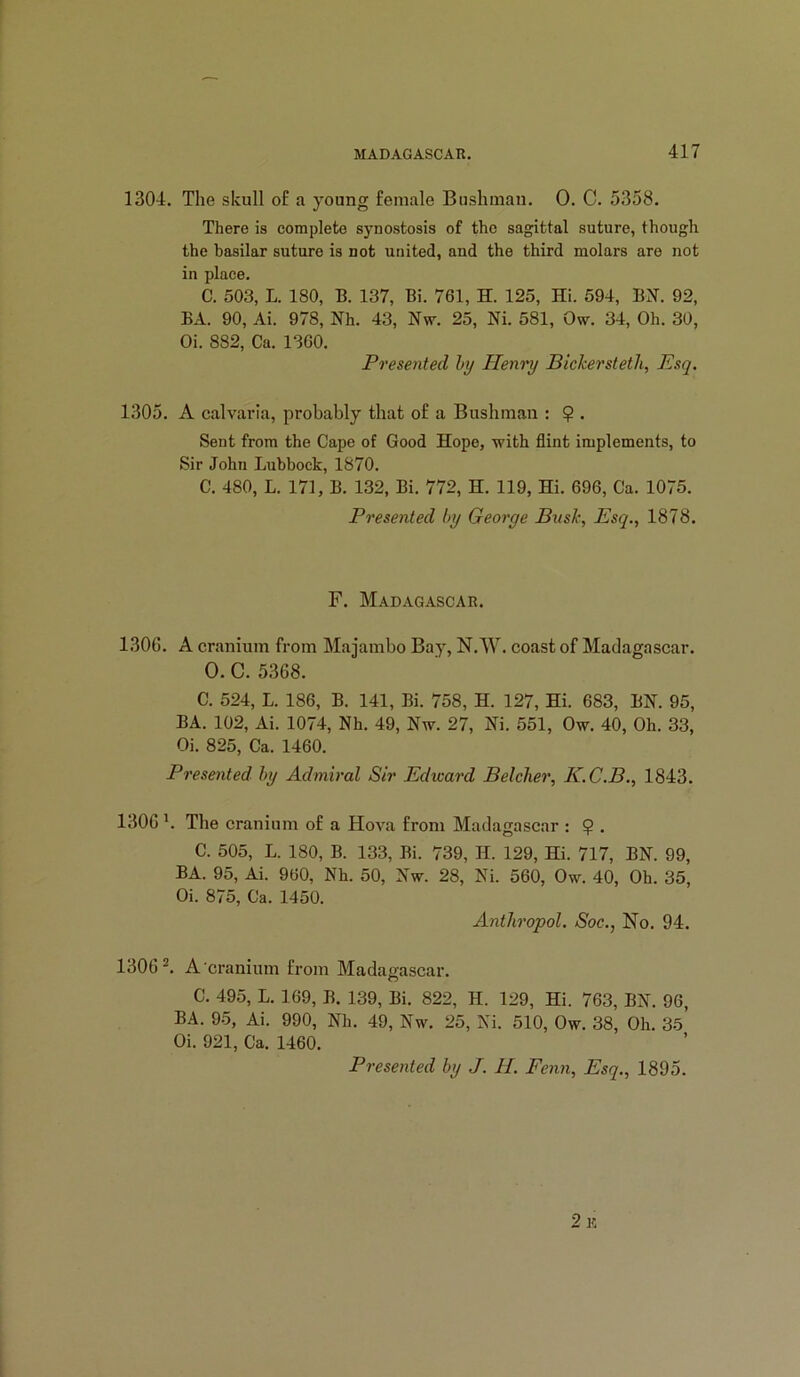 1304. The skull of a young female Bushmau. 0. C. 5358. There is complete synostosis of the sagittal suture, though the basilar suture is not united, and the third molars are not in place. C. 503, L. 180, B. 137, Bi. 761, H. 125, Hi. 594, BN. 92, BA. 90, Ai. 978, Nh. 43, Nw. 25, Ni. 581, Ow. 34, Oh. 30, Oi. 882, Ca. 1360. Presented hy Henry Bickersteth, Esq. 1305. A calvaria, probably that of a Bushman : $ . Sent from the Cape of Good Hope, with flint implements, to Sir John Lubbock, 1870. C. 480, L. 171, B. 132, Bi. 772, H. 119, Hi. 696, Ca. 1075. Presented by George Busk, Esq., 1878. F. Madagascar. 1306. A cranium from Majambo Bay, N.W. coast of Madagascar. 0. C. 5368. C. 524, L. 186, B. 141, Bi. 758, H. 127, Hi. 683, BN. 95, BA. 102, Ai. 1074, Nh. 49, Nw. 27, Ni. 551, Ow. 40, Oh. 33, Oi. 825, Ca. 1460. Presented hy Admiral Sir Edicard Belcher, K.C.B., 1843. 1306 L The cranium of a Hova from Madagascar : 9 . C. 505, L. 180, B. 133, Bi. 739, H. 129, Hi. 717, BN. 99, BA. 95, Ai. 960, Nh. 50, Nw. 28, Ni. 560, Ow. 40, Oh. 35, Oi. 875, Ca. 1450. Anthropol. Soc., No. 94. 1306 ^ A cranium from Madagascar. C. 495, L. 169, B. 139, Bi. 822, H. 129, Hi. 763, BN. 96, BA. 95, Ai. 990, Nh. 49, Nw. 25, Ni. 510, Ow. 38, Oh. 35 Oi. 921, Ca. 1460. Presented by J. H. Fenn, Esq., 1895.