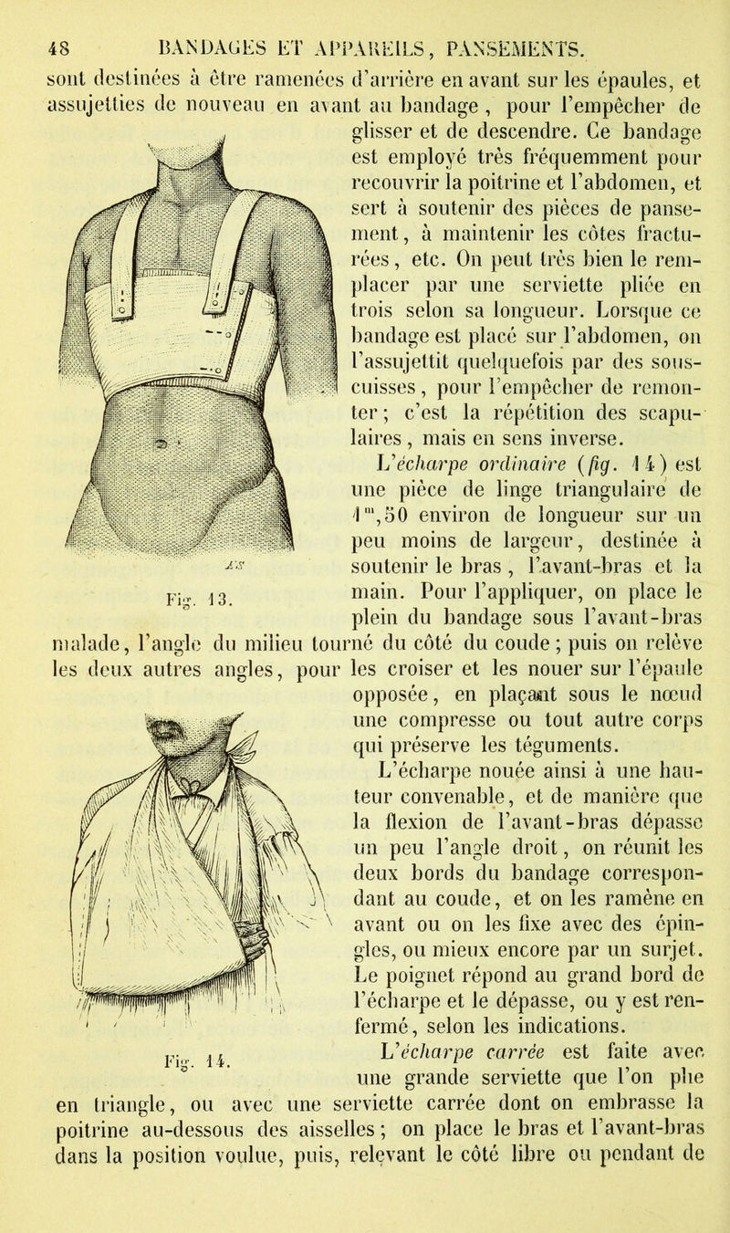 sont destinées à être ramenées d’arrière en avant sur les épaules, et assujetties de nouveau en avant au bandage , pour l’empêcher de glisser et de descendre. Ce bandage est employé très fréquemment pour recouvrir la poitrine et l’abdomen, et sert à soutenir des pièces de panse- ment , à maintenir les côtes fractu- rées , etc. On peut très bien le rem- placer par une serviette pliée en trois selon sa longueur. Lorsque ce bandage est placé sur l’abdomen, on l’assujettit quelquefois par des sous- cuisses , pour Eempêcher de remon- ter ; c’est la répétition des scapu- laires , mais en sens inverse. U écharpe ordinaire {fig. 14) est une pièce de linge triangulaire de 1'“,50 environ de longueur sur un peu moins de largeur, destinée à soutenir le bras , l’avant-bras et la main. Pour l’appliquer, on place le plein du bandage sous l’avant-bras du milieu tourné du côté du coude ; puis on relève anomies, pour les croiser et les nouer sur l’épaule opposée, en plaçamt sous le nœud une compresse ou tout autre corps qui préserve les téguments. L’écharpe nouée ainsi à une hau- teur convenable, et de manière que la flexion de l’avant-bras dépasse un peu l’angle droit, on réunit les deux bords du bandage correspon- dant au coude, et on les ramène en avant ou on les fixe avec des épin- gles, ou mieux encore par un surjet. Le poignet répond au grand bord de l’écharpe et le dépasse, ou y est ren- fermé, selon les indications. Uécharpe carrée est faite avec une grande serviette que l’on plie en triangle, ou avec une serviette carrée dont on embrasse la poitrine au-dessous des aisselles ; on place le bras et l’avant-bras dans la position voulue, puis, relevant le côté libre ou pendant de Fi-, 13. malade, l’angle les deux autres Fi- 14.
