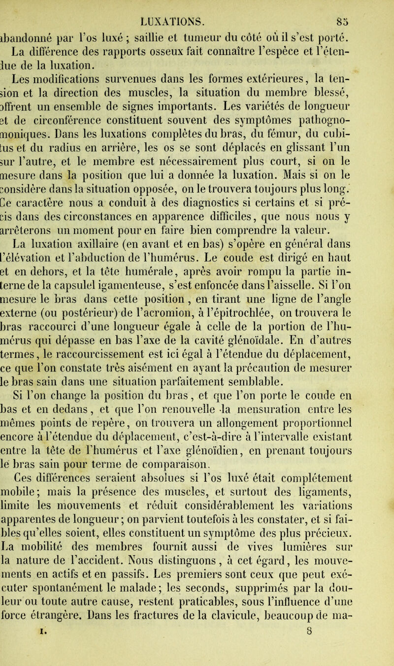 ibandonné par l’os luxé; saillie et tumeur du côté où il s’est porté. La différence des rapports osseux fait connaître l’espèce et l’çTen- lue de la luxation. Les modifications survenues dans les formes extérieures, la ten- don et la direction des muscles, la situation du membre blessé, 3ffrent un ensemble de signes importants. Les variétés de longueur et de circonférence constituent souvent des symptômes pathogno- moniques. Dans les luxations complètes du bras, du fémur, du cubi- tus et du radius en arrière, les os se sont déplacés en glissant l’un mr l’autre, et le membre est nécessairement plus court, si on le mesure dans la position que lui a donnée la luxation. Mais si on le considère dans la situation opposée, on le trouvera toujours plus long. Ce caractère nous a conduit à des diagnostics si certains et si pré- cis dans des circonstances en apparence difficiles, que nous nous y arrêterons un moment pour en faire bien comprendre la valeur. La luxation axillaire (en avant et en bas) s’opère en général dans l’élévation et l’abduction de l’humérus. Le coude est dirigé en haut et en dehors, et la tête humérale, après avoir rompu la partie in- terne de la capsule! igamenteuse, s’est enfoncée dans l’aisselle. Si l’on mesure le bras dans cette position , en tirant une ligne de l’angle externe (ou postérieur) de l’acromion, à l’épitrochlée, on trouvera le bras raccourci d’une longueur égale à celle de la portion de l’hu- mérus qui dépasse en bas l’axe de la cavité glénoïdale. En d’autres termes, le raccourcissement est ici égal à l’étendue du déplacement, ce que l’on constate très aisément en ayant la précaution de mesurer le bras sain dans une situation parfaitement semblable. Si l’on change la position du bras, et que l’on porte le coude en bas et en dedans, et que l’on renouvelle da mensuration entre les mêmes points de repère, on trouvera un allongement proportionnel encore à l’étendue du déplacement, c’est-à-dire à l’intervalle existant entre la tête de l’humérus et l’axe glénoïdien, en prenant toujours le bras sain pour terme de comparaison. Ces différences seraient absolues si l’os luxé était complètement mobile; mais la présence des muscles, et surtout des ligaments, limite les mouvements et réduit considérablement les variations apparentes de longueur ; on parvient toutefois à les constater, et si fai- bles qu’elles soient, elles constituent un symptôme des plus précieux. La mobilité des membres fournit aussi de vives lumières sur la nature de l’accident. Nous distinguons, à cet égard, les mouve- ments en actifs et en passifs. Les premiers sont ceux que peut exé- cuter spontanément le malade ; les seconds, supprimés par la dou- leur ou toute autre cause, restent praticables, sous l’influence d’une force étrangère. Dans les fractures de la clavicule, beaucoup de ma- i. 8