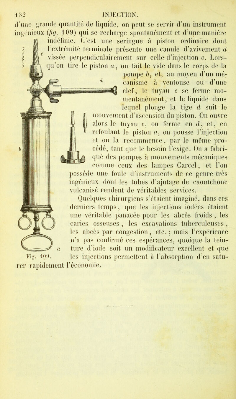 dTmo grande quantité de liquide, on peut se servir d’un instrument ingénieux (fig. 1 09) qui se recharge spontanément et d’une manière intléhnie. C’est une seringue à piston ordinaire dont l’extrémité terminale présente une canule d’avivement d vissée perpendiculairement sur celle d’injection c. Lors- É lii qu’on tire le piston a, on fait le vide dans le corps de la pompe 6, et, au moyen d’un mé- canisme à ventouse ou d’une clef, le tuyau c se ferme mo- mentanément, et le liquide dans lequel plonge la tige cl suit le mouvement d’ascension du piston. On ouvre alors le tuyau c, on ferme en d, et, en refoulant le piston o, on pousse l’injection et on la recommence, par le même pro- cédé, tant que le besoin l’exige. On a fabri- qué des pompes à mouvements mécaniques comme ceux des lampes Carcel, et l’on })Osséde une foule d’instruments de ce genre très ingénieux dont les tubes d’ajutage de caoutcbouc vulcanisé rendent de véritables services. Quelques cbirurgiens s’étaient imaginé, dans ces derniers temps, ({ue les injections iodées étaient une véritable panacée pour les abcès froids , les caries osseuses , les excavations tuberculeuses, les abcès par congestion, etc.; mais l’expérience n’a pas confirmé ces espérances, quoique la tein- ture d’iode soit un modificateur excellent et que les injections permettent à l’absorption d’en satu- doa. rer rapidement l’économie.