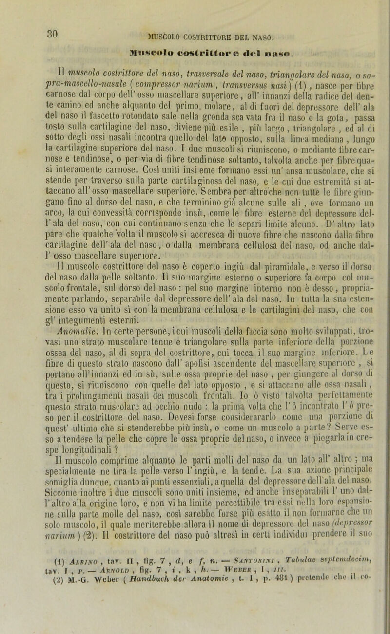 MUSCOLO COSTRITTORE DEL NASO. Niisvultt ccHtlridoi'C ilc 1 utiMU. II muscolo costrittore del naso, t ras verseile del naso, triangolare del naso, o so- pra-mascello-nasale (compressor narium , Iransvcrsus nasi) (1), nasce per libre carnose dal corpo dcll’ osso mascellare superiore, all’ innanzi della radice del den- le canino ed anche alquanto del primo molare, al di fuori del depressore dcll’ ala del naso il fascetto rotondato sale nella gronda scavata fra il naso e la gola, passa tosto stilla cartilagine del naso, divienepiü esile , piii largo, triangolare , ed al di sotlo degli ossi nasali incontra quello del late opposto, sulla linea mediana, lungo la cartilagine superiore del naso. I due muscoli si riuniscono, o mediante libre car- nose e lendinose, o per via di Obre lendinose soltanto, talvolla anche per fibrequa- si inleramente carnose. Cosi uniti insi eme formano essi un’ ansa muscolare, che si stende per traverso sulla parte cartilaginosa del naso, e le cui due estremitä si al- taccano all’osso mascellare superiore. Scmbraper allro'che non tutte le fibre giun- gano fino al dorso del naso, e che lerminino giä alcune sulle ali, ove formano im arco, la cui convessilä corrisponde insu, come le fibre esterne del depressore del- 1’ala del naso, con cui continuano senza che le separi limite alcuno. D’ allro lato pare che qualchevolla il muscolo si accresca di nuove fibre che nascono dalla fibro cartilagine dell’ ala del naso, o dalla membrana cellulosa del naso, od anche dal- 1’ osso mascellare superiore. 11 muscolo costrittore del naso k coperto ingiü dal piramidale, e verso il dorso del naso dalla pelle soltanto. II suo margine esterno o superiore fa corpo col mu- scolo frontale, sul dorso del naso : pel suo margine interno non li desso , propria- mente parlando, separabile dal depressore dell’ ala del naso. ln tutla la sua eslen- sione esso va unito si con la membrana cellulosa e le cartilagini del naso, che con gl’ integumenti esterni. Anomalie, ln certe persone, icui muscoli della faccia sono molto sviluppati, tro- vasi uno strato muscolare tenue e triangolare sulla parte inferiore della porzione ossea del naso, al di sopra del costrittore, cui tocca il suo margine inferiore. Le fibre di questo strato nascono dall’ apofisi ascendente del mascellare superiore , si portano all’innanzi ed in sii, sulle ossa proprie del naso , per giungcre al dorso di questo, si riuniscono con quelle del lato opposto , e si attaccano alle ossa nasali, tra i prolungamenli nasali dei muscoli frontali. Io ö visto talvolta perfellamente questo strato muscolare ad occhio nudo : la prima volta che l’ö incontrato l’o pre- so per il costrittore del naso. Devesi forse considerararlo come una porzione di quest’ ultimo che si stenderebbe piü insu, o come un muscolo a parte? Serve cs- so a tendere la pelle che copre le ossa proprie del naso, o invece a piegarlain crc- spe longitudinaü ? 11 muscolo comprime alquanto le parti molli del naso da un lato all’ altro ; ma specialmente ne lira la pelle verso 1’ ingiii, e la tende. La sua azionc principalc somiglia dunque, quanto aipunti essenziali, aquella del depressore dellala dcl naso. Siccome inollre i due muscoli sono uniti insieme, ed anche inseparabili 1’ uno dal- 1' altro alla origine loro, e non vi ha limite percettibile tra cssi nella Ioro espansio- ne culla parte molle del naso, cosi sarebbe forse piü esatlo il non formarnc che un solo muscolo, il quäle meriterebbe allora il nome di depressore dcl naso (depressor narium) (2). Il costrittore del naso puö altresi in cerli individtu prendere il suo (t) Albino , tav. II , fig. 7 , d, e f, n. — Saxtobini . Tabulue seplemdacim, tav. I , /■. — Arnold , fig. 7 , t , k , h. — Wbber , I , in. (2) M.-G. Weber ( Handbuch der Anatomie , t. 1 , p. -idi) prclenue che il co-