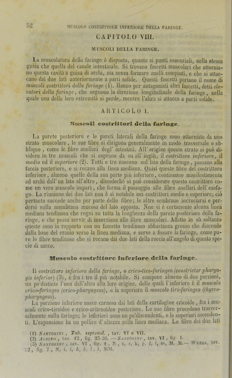 CAP1TOLÜ VIII. MUSCOLI DELLA FARINGE. Lu muscolatura dolla faringe ö disposta, quanto ai punti essenziali, nella stcssa guisa che quella del canale intestinale. Si trovano fascetti muscolari die attornia- 110 questa cavitaa guisa di archi, ma senza formare anelli compiuti, e che si attac- cano dai due lati anteriorraente a parii solide. Questi fascetti portano il nome di muscoli costrittori della faringe (1). Hanno per antagonisti allri fascetti, dettic/e- vatori della faringe, che seguono la direzione longitudinale della faringe, nella quäle una delle loro estremitä si perde, mentre l’allra si atlacca a parti solide. ART ICO LO I. Mtusuoll costrittorS della faringe. La parete posteriore e le pareti laterali della faringe sono attorniate da uno strato muscolare, le sue fibre si dirigono generalmente in modo trasversale o ob- bliquo , come le fibre anellari degl’ intestini. AU’ origine questo strato si puö di- videre in tre muscoli che si coprono da su all’ingifi, il costrittore inferiore, il medio ed il superiore (2). Tutti e tre nascono sul lato della faringe, passano alla faccia posteriore, e si recano alla linea mediana. Quivi queste fibre del costrittore inferiore, almeno quelle della sua parte piü inferiore, continuano manifestamente ad archi dall’un lato all’altro, dimodoche si puö considerare questo costrittore co- me un vero muscolo impari, che forma il passaggio alle fibre anellari dell’ esofa- go. La riunione dei due lati non ö si notabile nei costrittori medio e superiore; ciö pertanlo succede anche per parte delle fibre; le altre sembrano incrociarsi e per- derst sulla membrana mucosa del lato opposto. Non vi e cerlamente alcuna linea mediana tendinosa che regni su tutta la lunghezza della parete posteriore della fa- ringe, e che possa servir di inserzione alle fibre muscolari. Afl'atto in sü soltanto queste sono in rapporto con un fascetto tendinoso abbastanza grosso che discende dalla base del crauio verso la linea mediana, e serve a fissare la faringe, come pu- re le fibre tendinoso che si recano dai due lati della roccia all’angolo di questa spe- cie di sacco. Slnscolo costrtttore Isafcräorc della faringe. Il costrittore inferiore della faringe, o enco-tiro-faringeo (constrictorphargn- gis inferior) (3), ö fra i Ire il piü notabile. Si coinpone almeno di due porzioni, un po'distinte l’una dall’altra alla loro origine, delle quali 1’inferiore b il muscolo crico-furingco (crico-phargngeus), e la superiore il muscolo tiro-faringeo (thyreo- phuryngeus). La porzione inferiore nasce carnosa dai lati della cartilagine cricoide , fra i mu- scoli crico-tiroideo e crico-arilenoideo posteriore. Le sue fibre procedono trasver- sahnente sulla faringe; le inferiori sono un po’discendenti, c le superiori ascenden- ti. L’espansione ha un pollicc d’altczza sulla linea mediana. Le fibre dei due lati (1) Santorini , Tab. seplcmd. , lav. VT e VIL (2) Auiino , lav. 12, iig. 23-26. —SamOriki , lav. VI , >■ (3) Santorini , lav. VI , lig. 1 , N, i, i, U, /,. I, I, Mj ]Vi:rrr, tav.