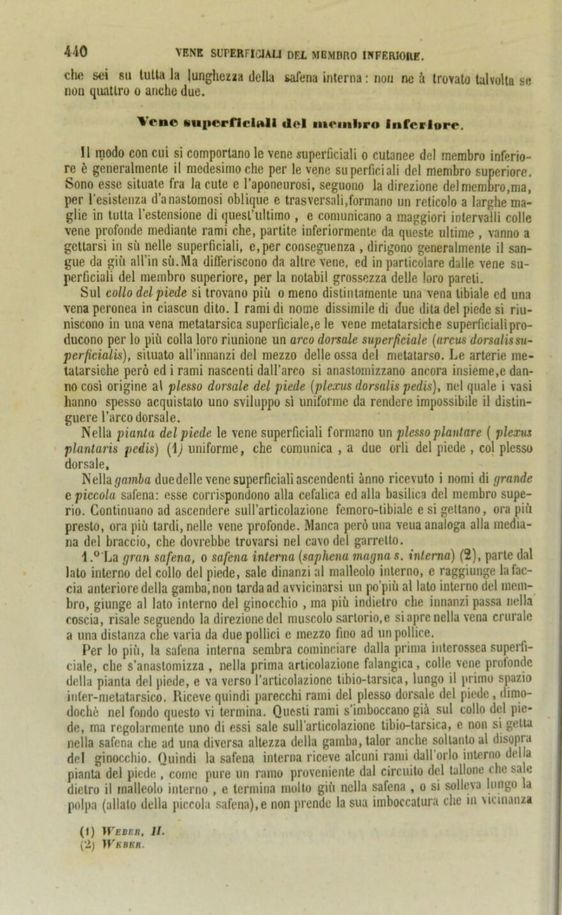 che sei su lutta la lunghezza della safena interna: non ne ä trovato talvolta sc non quatlro o anche due. Veno miperflclnll «lei meinliro inferiore. II modo con cui si comportano le vene superficiali o cutanee del membro inferio- re ü generalmente il medesimoche per le vene superficiali del membro superiore. Sono esse situate fra la cute e l’aponeurosi, seguono la direzione del membro,ma, per l’esistenza d’anastomosi oblique e trasversali.formano un reticolo a larglie ma- glie in tutta l'estensione di quesl’ultimo , e comunicano a maggiori intervalli colle vene profonde mediante rami che, partite inferiormente da queste ultime , vanno a gettarsi in sü nelle superficiali, e,per conseguenza , dirigono generalmente il san- gue da giü all’in sit.Ma differiscono da altre vene, ed in particolare dalle vene su- perficiali del membro superiore, per la notabil grossezza delle loro pareti. Sul collo delpiede si trovano piü o meno distintamente una vena libiale cd una vena peronea in ciascun dito. I rami di nome dissimile di due dita del piede si riu- niscono in una vena metatarsica superficiale,e le vene metatarsiche superficialipro- ducono per lo piü colla loro riunione un arco dorsale superficiale (arcus dorsalissu- perficialis), situato all’innanzi del mezzo delle ossa del metatarso. Le arterie me- talarsiche perö ed i rami nascenti dall’arco si anastomizzano ancora insieme.e dan- no cosi origine al plesso dorsale del piede (plexus dorsalis pedis), nel quäle i vasi hanno spesso acquistato uno sviluppo si uniforme da rendere impossibile il distin- guere l’arco dorsale. Nella pianta delpiede le vene superficiali formano un plesso plantare ( plexus plantaris pedis) (\) uniforme, che comunica , a due orli del piede , col plesso dorsale, Nella gamba due delle vene superficiali ascendenti anno ricevuto i nomi di grande e piccola safena: esse corrispondono alla cefalica ed alla basilica del membro supe- rio. Continuano ad ascendere sull’articolazione femoro-tibiale e si gettano, ora piü presto, ora piü tardi, nelle vene profonde. Manca perö una veua analoga alla media- na del braccio, che dovrebbe trovarsi nel cavo del garrelto. 1 ,°'La grau safena, o safena interna (saphena magna s. interna) (2), parle dal lato interne del collo del piede, sale dinanzi al malleolo interno, e raggiunge lafac- cia anteriore della gamba, non tarda ad avvicinarsi un po’piü al lato interno del mem- bro, giunge al lato interno del ginocchio , ma piü indietro che innanzi passa nella coscia, risale seguendo la direzione del muscolo sarlorio.e siapre nella vena crurale a una distanza che varia da due pollici e mezzo fino ad unpollice. Per lo piü, la safena interna sembra cominciare dalla prima interossea superfi- ciale, che s'anastomizza , nella prima articolazione falangica, colle vene protondc della pianta del piede, e va verso l’articolazione tibio-tarsica, lungo il primo spazio inter-metatarsico. Riceve quindi parecchi rami del plesso dorsale del piede , dimo- dochü nel fondo questo vi termina. Questi rami s’imboccano giä sul collo del pie- de, ma regolarmente uno di essi sale sull’articolazione tibio-tarsica, e non si gelta nella safena che ad una diversa altezza della gamba, talor anche sollanto al disopra del ginocchio. Quindi la safena interna riceve alcuni rami dall’orlo interno della pianta del piede , cornc pure un ramo proveniente dal circuito del tallone che sa c dictro il inalleolo interno , e termina molto giü nella safena , o si sollcva lungo la polpa (allalo della piccola safena), e non prendc la sua imboecatura che in MCinanza (t) Weber, II. (2) Weber.