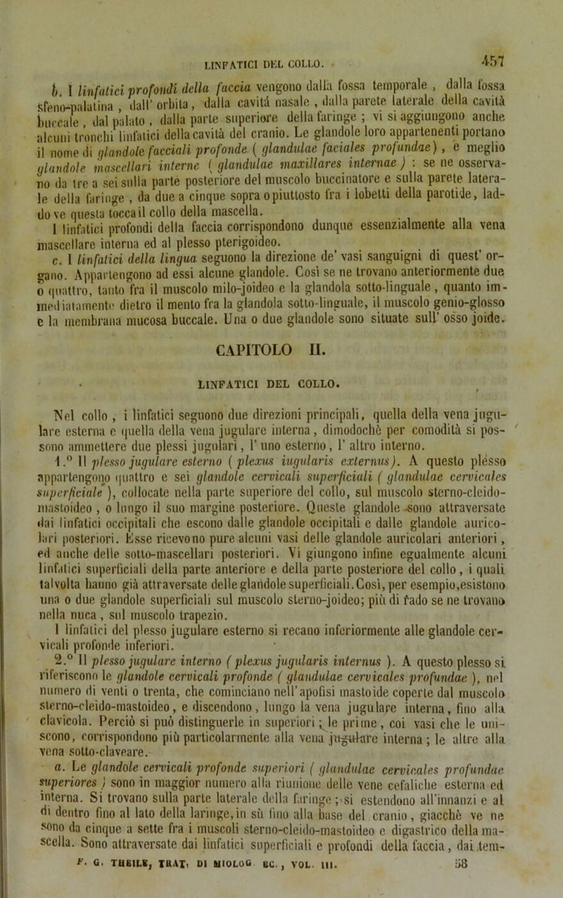 LINFATICI DKL COLLO. . täl b I linfatici profondi della faccia vengono dalla fossa temporale , dalla fossa Steno-palatina dall* orbila, dalla cavitä nasale , dalla parete laterale della cavilä i>ureale dal palato , dalla parle superiore della faringe ; vi si aggiungono anche alcuni tr’onchi linfatici della cavitä del cranio. Le glandole loro appartenenti portano il nomedi glandole faeeiali profonde ( glandulae faciales profundae), e meglio ulandole mascellari interne ( glandulae maxillares internae) : se ne osserva- no da tre a seisnlla parte posteriore del mnscolo buccinatore e sulla parete latera- le della faringe , da due a cinque sopra opiutlosto fra i lobetti della parotide, lad- do ve quesla toccail collo della mascella. 1 linfatici profondi della faccia corrispondono dunque essenzialmente alla vena liiascellare interna ed al plesso pterigoideo. c. 1 linfatici della lingua seguono la direzione de’ vasi sanguigni di quest’ or- gano. Apparlengono ad essi alcune glandole. Cosi se ne trovano anteriormente due o quattro, tanto fra il mnscolo milo-joideo e la glandola sotto linguale, quanto im- mediatamentc dietro il mento fra la glandola sotto-linguale, il muscolo genio-glosso e la membrana niucosa buccale. Una o due glandole sono situate sull’ osso joide. CAPITOLO II. LINFATICI DEL COLLO. Nel collo, i linfatici seguono due direzioni principali, quella della vena jugu- lnre esterna e quella della vena jugulare interna, dimodochä per comodilä si pos- ' sono ammetlere due plessi jugulari, 1’ uno esterno, 1’ altro inlerno. 1. ° Il plesso jugulare esterno (plexus iugularis externus). A questo plesso apparlengono quattro e sei glandole cervicali superficiali (glandulae eervieales superficiale ), collocate nella parte superiore del collo, sul muscolo sterno-clcido- masloideo , o longo il suo margine posteriore. Quesle glandole -sono attraversate dai linfatici occipitali che escono dalIe glandole occipitali e dalle glandole aurico- lari posteriori. Lsse riccvono pure alcuni vasi delle glandole auricolari antcriori, ed anche delle sotto-mascellari posteriori. Vi giungono infine egualmente alcuni linfatici superficiali della parte anteriore e della parte posteriore del collo, i quali lalvolta liauno giä attraversate delle glandole superficiali. Cosi, per esempio.esistono una o due glandole superficiali sul muscolo sterno-joideo; piiidi l'ado sene trovano nella nuca , sul muscolo trapezio. 1 linfatici del plesso jugulare esterno si recano inferiorinente alle glandole cer- vicali profonde inferiori. 2. ° 11 plesso jugulare interno (plexus jugularis internus ). A questo plesso si riferiscono le glandole cervicali profonde (glandulae eervieales profundae ), nel numero di venti o trenta, che cominciano nell’apoüsi mastoide copcrte dal muscolo slerno-cleido-masloideo, e discendono, lungo la vena jugulare interna, fmo alla clavicola. Perciö si puo distinguerle in superiori-Je pritne, coi vasi che le uni- scono, corrispondono piü particolarmcnte alla vena jitgularc interna; le altre alla vena sotto-claveare. a. Le glandole cervicali profonde superiori ( glandulae eervieales profundae stiperiorcs ) sono in maggior numero alla riunione delle vene cefaliclie esterna ed interna. Si trovano sulla parle laterale della faringe ;>si eslendono all’innauzi e al di dentro fmo al lato della laringe,in sii fmo alla base del cranio, giacchä ve ne sono da cinque a sette fra i muscoli sterno-cleido-mastoideo c digastrico della ma- scella. Sono attraversate dai linfatici superficiali e profondi della faccia, dai tem-