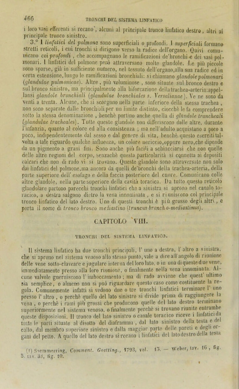 i lorovasi elTercnti si rccano’, alcuni al principale tronco linfatico destro, altri al principale tronco sinistro. 3.° I linfatici del polmone sono superficiali o profondi. I superficiali formano stretti reticoli, i cui tronchi si dirigono verso la radice dell'organo. Quivi comu- nicano coiprofondi , che aceompagnano le ramificazioni de’bronclii ■c dei vasi pol- monari. 1 linfatici dol pnlinone pero allraversano molto glandole. Le pifi piccole sono sparse, giä in sufticienlc nutaero, nel tcssuto dell'organo,alla sua radice cd in certa estensione.lungo le ramificazioni bronchiali: sichiamano glandole polmonari (glandulae pulmonicae). Altre , piü voluminöse , sono situale sul bronco destro e sul bronco sinistro, ma principalmente alla biforcazione dellatrachea-arteria.appel- lansi glandole bronchiali (glandulae bronchiales s. Versalianae). Ve ne sono da venti a trenta. Alcune, che si scorgono nella parle inferiore della slessa trachea , non sono separate dalle bronchiali per un limite distinlo, ciocche le fa comprendere sotto la stessa denominazione , benche portino anche quella di glandole trancheali [glandulae tracheales). Tutte queste glandole non differiscono dalle altre, durante l’infanzia, quanto al eolore ed alla consistenza ; ma nell adulto acquistano a poco a poco, indipendentemente dal sesso e dal gencre di vita, benche. questo esercitital- ■volta a tale riguardo qualche inSlueuza, un eolore nericcio,oppure nero,che dipende da un pigmento a grani fini. Sono anche piii facili a schiacciarsi che non quelle delle altre regioni del corpo, senzache questa particolaritä si CQrwetta ai depositi chlcari che non di rado vi si trovano. Queste glandole sono atlraversale non solo dai linfatici del polinone.ma ancora da quelli de'bronchi della trachea-arteria, della parte superiore dell’ esofago e della faccia posteriore del euere. Comunicano colle altre glandole, nella parte superiore della cavita toracica. Da tulto questo reticolo glandolare partono parecchi tronchi linfatici che a sinistra si aprono nel canale to- racico, a destra salgono dietro la vena innominata , e si riunisrono col principale tronco linfatico del lato destro. Uno di questi tronchi k piü grosso degli altri, e porta il norne di tronco bronco meiiastino (truncus bronch o-mediastinus). CAPITOLO 'VIII. TRONCHI DEL SISTEMA LINPATICO. II sistema linfatico ha due tronchi principali, I’ uno a destra, 1’ nitro a sinistra, che si aprono nel sistema venoso allo stesso punto, vale a di re all angolo di riunionc delle vene sotto-clavearc e jugulare interna del loro lato, o in una di queste duevene, immediatarnente presso alla loro rionione, o linalinente nella vena innominata. Al- cune valvole guerniscono 1’imboccamento; ma di rado avviene che quest ultimo sia semplice, o almeno non si puö riguardare questo caso come costituente la re- gola. Comunemente infatti si vedono due o tre tronchi linfatici terminare 1 uno presso r altro , o perchA rpiello del lato sinistro si divide prima di raggiungere la vena , o perche i rami piü grossi che producono quelle del lato destro terminano superiormente nel sistema venoso. olinalmentc percliü si trovano riunite entrambe queste disposizioni. 11 tronco del lato sinistro o canale toracico riceve i linfatici < a tuttc le parli situale al disotlo del diaframina , dal lato sinistro della testa e e collo, dal membro superiore sinistro e dalla maggior parte delle parcti c deg i oi gani del petto. A quello del lato destro si rccano i linfatici del lato destro della es a (I) Siemmfirring, Commtnt. GocUing., 1703, vol. lö. — Weber, tav. Id, dg.