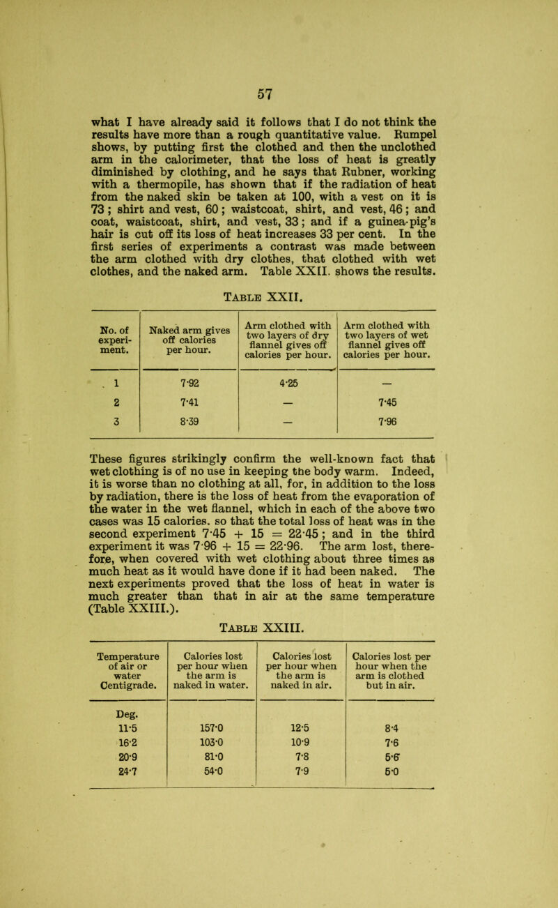what I have already said it follows that I do not think the results have more than a rough quantitative value. Rumpel shows, by putting first the clothed and then the unclothed arm in the calorimeter, that the loss of heat is greatly diminished by clothing, and he says that Rubner, working with a thermopile, has shown that if the radiation of heat from the naked skin be taken at 100, with a vest on it is 73 ; shirt and vest, 60 ; waistcoat, shirt, and vest, 46 ; and coat, waistcoat, shirt, and vest, 33; and if a guinea-pig’s hair is cut off its loss of heat increases 33 per cent. In the first series of experiments a contrast was made between the arm clothed with dry clothes, that clothed with wet clothes, and the naked arm. Table XXII. shows the results. Table XXII. No. of experi- ment. Naked arm gives off calories per hour. Arm clothed with two layers of dry flannel gives off calories per hour. Arm clothed with two layers of wet flannel gives off calories per hour. . 1 7-92 4-25 — 2 7-41 - 7-45 3 8-39 - 7-96 These figures strikingly confirm the well-koown fact that wet clothing is of no use in keeping the body warm. Indeed, it is worse than no clothing at all, for, in addition to the loss by radiation, there is the loss of heat from the evaporation of the water in the wet flannel, which in each of the above two cases was 15 calories, so that the total loss of heat was in the second experiment 7’45 + 15 = 2245 ; and in the third experiment it was 7*96 + 15 = 22-96. The arm lost, there- fore, when covered with wet clothing about three times as much heat as it would have done if it had been naked. The next experiments proved that the loss of heat in water is much greater than that in air at the same temperature (Table XXIII.). Table XXIII. Temperature of air or water Centigrade. Calories lost per hour when the arm is naked in water. Calories lost per hour when the arm is naked in air. Calories lost per hour when the arm is clothed but in air. Deg. 11-5 157-0 12-5 8-4 16-2 103-0 10-9 7-6 20-9 81-0 7-8 5-fi 24*7 54-0 7-9 5-0