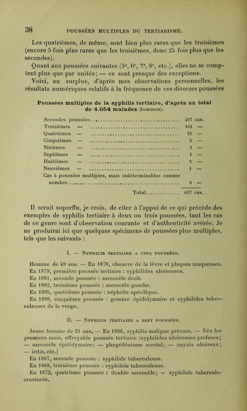 Les quatrièmes, de même, sont bien plus rares que les troisièmes (encore 5 fois plus rares que les troisièmes, donc 25 fois plus que les secondes). Quant aux poussées suivantes (5e, 6e, 7e, 8e, etc.), elles ne se comp- tent plus que par unités; — ce sont presque des exceptions. Voici, au surplus, d’après mes observations personnelles, les résultats numériques relatifs à la fréquence de ces diverses poussées Poussées multiples de la syphilis tertiaire, d’après un total de 4.054 malades (hommes). Secondes poussées Troisièmes — Quatrièmes — Cinquièmes — Sixièmes — Septièmes — Huitièmes —■ Neuvièmes — Cas à poussées multiples, mais indéterminables comme nombre 497 cas. 101 — 21 — 5 — 1 — 1 — 2 — 1 — 8 — Total 637 cas. Il serait superflu, je crois, de citer à l’appui de ce qui précède des exemples de syphilis tertiaire à deux ou trois poussées, tant les cas de ce genre sont d’observation courante et d’authenticité avérée. Je ne produirai ici que quelques spécimens de poussées plus multiples, tels que les suivants : I. — Syphilis tertiaire a cinq poussées. Homme de 49 ans. — En 1878, chancre de la lèvre et plaques muqueuses. En 1879, première poussée tertiaire : syphilides ulcéreuses. En 1881, seconde poussée : sarcocèle droit. En 1882, troisième poussée : sarcocèle gauche. En 1895, quatrième poussée : néphrite spécifique. En 1898, cinquième poussée : gomme épididymaire et syphilides tuber- culeuses de la verge. II. — Syphilis tertiaire a sept poussées. Jeune homme de 21 ans. — En 1866, syphilis maligne précoce. — Dès les premiers mois, effroyable poussée tertiaire (syphilides ulcéreuses profuses ; — sarcocèle épididymaire; — phagédénisme scrotal; — onyxis ulcéreux; — iritis, etc.) En 1867, seconde poussée : syphilide tuberculeuse. En 1868, troisième poussée : syphilide tuberculeuse. En 1872, quatrième poussée: double sarcocèle; — syphilide tuberculo- crustacée.