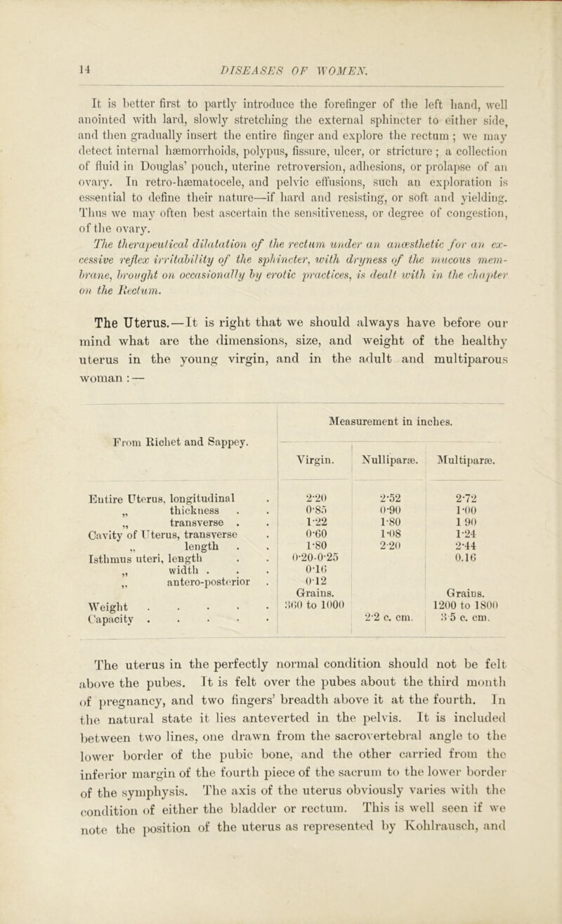 It is better first to partly introduce the forefinger of the left hand, well anointed with lard, slowly stretching the external sphincter to either side, and then gradually insert the entire finger and explore the rectum ; we may detect internal haemorrhoids, polypus, fissure, ulcer, or stricture ; a collection of fluid in Douglas’ pouch, uterine retroversion, adhesions, or prolapse of an ovaiy. In retro-haematocele, and pelvic effusions, such an exploration is essential to define their nature—if hard and resisting, or soft and yielding. Tims we may often best ascertain the sensitiveness, or degree of congestion, of the ovary. The therapeutical dilatation of the rectum under an ancesthetic for an ex- cessive reflex irritahiUty of the sphincter., with dryness of the mucous mem- hrane, hrought on occasionally hy erotic practices, is dealt with in the chapder on the Rectum. The Uterus.—It is right that we should always have before our mind what are the dimensions, size, and weight of the healthy uterus in the young virgin, and in the adult and multiparous woman : — From Richet and Sappey. Entire Uterus, longitudinal „ thickness „ transverse . Cavity of Uterus, transverse „ length . Isthmus uteri, length „ width . „ antero-posterior Weight .... Capacity .... Measurement in inches. Virgin. Nullipar£B. | j Multipart. 2-20 2-52 2-72 0-8a 0*90 1-00 1-22 1-80 1 90 0-60 U08 1-24 1-80 2-20 2-44 O-20-0-25 0.16 OTG ' 012 Grains. Graius. :’)(*,0 to 1000 1200 to 1800 2 2 c. cm. o 5 c. cm. The uterus in the perfectly normal condition should not be felt above the pubes. It is felt over the pubes about the third month of pregnancy, and two fingers’ breadth above it at the fourth. In the natural state it lies ante verted in the pelvis. It is included between two lines, one drawn from the sacrovertebral angle to the lower border of the pubic bone, and the other carried from the inferior margin of the fourth piece of the sacrum to the lower border of the symphysis. The axis of the uterus obviously varies with the condition of either the bladder or rectum. This is well seen if we note the position of the uterus as represented by Kohlrausch, and