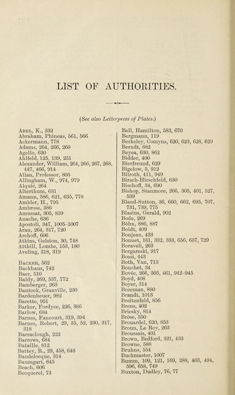 LIST OF AUTHORITIES *o (See also Letterpress of Plates.) Abel, K., 332 Abraham, Phineas, 561, 566 Ackermann, 778 Adams, 264, 266, 268 Agello, 630 Ahlfeld, 125, 139, 251 Alexander, William, 264, 266,267, 268, 447, 466, 914 Allan, Professor, 805 Allingham, W., 974, 979 Alquie, 264 Alterthum, 631 Amann, 586, 621, 635, 778 Ambler, H., 795 Ambrose, 386 Amussat, 305, 859 Anache, 636 Apostoli, 347, 1005-1007 Aran, 264, 317, 720 Aschoff, 606 Atkins, Gelston, 30, 748 Atthill, Lombe, 153, 180 Aveling, 318, 319 Backer, 562 Backhaus, 742 Baer, 510 Baldy, 269, 537, 772 Bamberger, 263 Bantock, Granville, 230 Bardenheuer, 982 Barette, 951 Barker, Fordyce, 226, 386 Barlow, 684 Barnes, Fancourt, 319, 394 Barnes, Robert, 29, 35, 52, 230, 317, 318 Barraclough, 222 Barrows, 684 Bataille, 812 Battey, R., 29, 458, 648 Baudelocque, 314 Baumgart, 645 Beach, 606 Becquerel, 73 Bell, Hamilton, 583, 670 Bergmann, 119 Berkeley, Comyns, 620, 623, 628, 629 Berndt, 882 Beyea, 630, 862 Bidder, 400 Bierfreund, 629 Bigelow, 5, 912 Bilroth, 411, 949 Birsch-Hirschfeld, 630 Bischoff, 34, 690 Bishop, Stanmore, 266, 305, 401, 527, 539 Bland-Sutton, 36, 660, 662, 695, 707, 731, 739, 775 Blasius, Gerald, 902 Bode, 269 Bohn, 886, 887 Boldt, 409 Bonjean, 433 Bonnet, 161, 332, 333, 656, 657, 729 Boraveli, 263 Borgareski, 917 Bossi, 443 Both, Van, 713 Bouchet, 34 Bov6e, 266, 305, 461, 942-945 Boyd, 408 Boyer, 314 Bozeman, 880 Brandt, 1013 Breitenfeld, 856 Brens, 402 Briesky, 814 Brose, 550 Brouardel, 620, 853 Broun, Le Roy, 263 Broussais, 401 Brown, Bedford, 321, 433 Browne, 588 Bruhns, 554 Buckmaster, 1007 Bn mm, 109, 121, 169, 288, 463, 494, 596, 658, 749 Buxton, Dudley, 76, 77