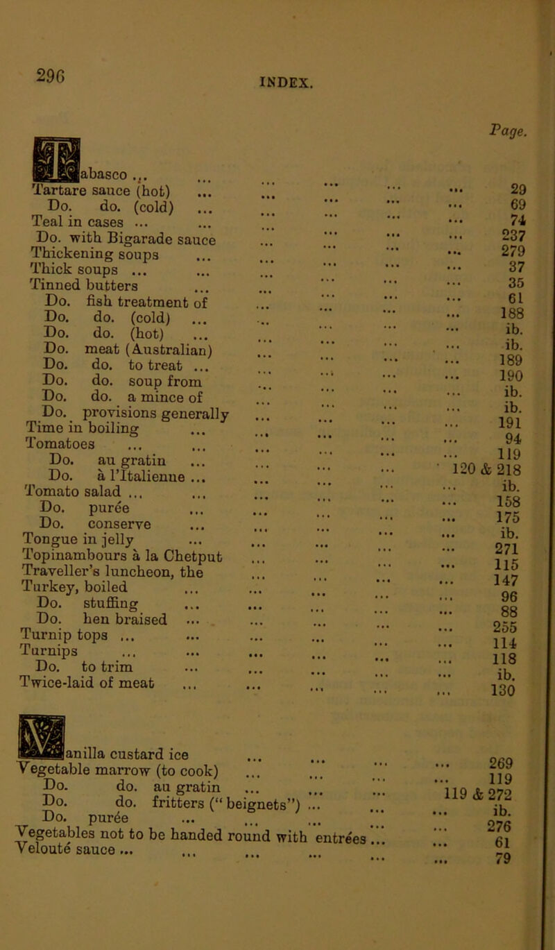 290 INDEX. jabasco ... Tartare sauce (hot) Do. do. (cold) Teal in cases ... Do. with Bigarade sauce Thickening soups Thick soups ... Tinned butters Do. fish treatment of Do. do. (cold) Do. do. (hot) Do. meat (Australian) Do. do. to treat ... Do. do. soup from Do. do. a mince of Do. provisions generally Time in boiling Tomatoes Do. au gratin Do. a ritalienue ... Tomato salad ... Do. puree Do. conserve Tongue in jelly Topinambours a la Chetput Traveller’s luncheon, the Turkey, boiled Do. stuffing Do. hen braised ... Turnip tops ... Turnips Do. to trim Twice-laid of meat Sanilla custard ice Vegetable marrow (to cook) Do. do. au gratin Do. do. fritters (“beignets”) ... Do. pur4e Vegetables not to be handed round with entrees Veloute sauce ... Page. • •• 29 69 74 237 279 37 35 61 188 ib. ib. 189 190 ib. ... ib. 191 94 119 120 & 218 ... ib. 158 175 ib. 271 115 147 96 88 255 114 118 ib. 130 269 119 119 & 272 ... ib. 276 61 79