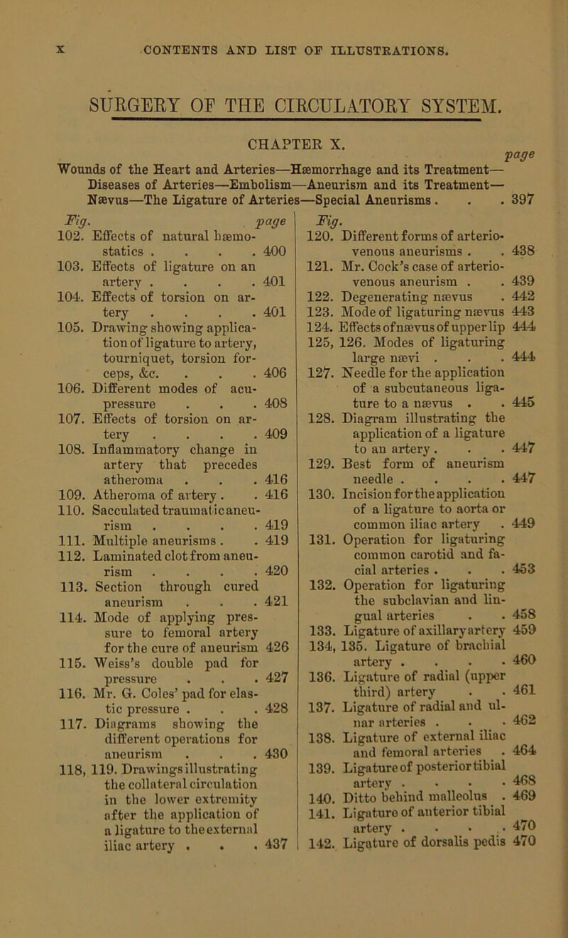 SURGEEY OP THE CIRCULATOEY SYSTEM. CHAPTER X, -page Wounds of the Heart and Arteries—Hsemorrhage and its Treatment— Diseases of Arteries—Embolism—Aneurism and its Treatment— Nsevus—The Ligature of Arteries—Special Aneurisms. . . 397 Fig. . page 102. Effects of natural haemo- statics .... 400 103. Effects of ligature on an artery .... 401 104. Effects of torsion on ar- tery .... 401 105. Drawing showing applica- tion of ligature to artery, tourniquet, torsion for- ceps, &c. . . . 406 106. Different modes of acu- pressure . , . 408 107. Effects of torsion on ar- tery .... 409 108. Inflammatory change in artery that precedes atheroma , . . 416 109. Atheroma of artery . . 416 110. Sacculated traumatic aneu- rism .... 419 111. Multiple aneurisms . . 419 112. Laminated clot from aneu- rism .... 420 113. Section through cured aneurism . . . 421 114. Mode of applying pres- sure to femoral artery for the cure of aneurism 426 115. Weiss’s double pad for pressure . . . 427 116. Mr. G. Coles’ pad for elas- tic pressure . . . 428 117. Diagrams showing the different operations for aneurism . . . 430 118. 119. Drawings illustrating the collateral circulation in the lower extremity after the application of a ligature to the external iliac artery . . . 437 Fig. 120. Different forms of arterio- venous aneurisms . . 438 121. Mr. Cock’s case of arterio- venous aneurism . . 439 122. Degenerating nmvus . 442 123. Mode of ligaturing nffivus 443 124. Effectsofnffivusofupperlip 444 125. 126. Modes of ligaturing large nmvi . . . 444 127. Needle for the application of a subcutaneous liga- ture to a na3vus . . 445 128. Diagram illustrating the application of a ligature to an artery . . . 447 129. Best form of aneurism needle .... 447 130. Incisionfortheapplication of a ligature to aorta or common iliac artery . 449 131. Operation for ligaturing common carotid and fa- cial arteries . . . 453 132. Operation for ligaturing the subclavian and lin- gual arteries . . 458 133. Ligature of axillary artery 459 134. 185. Ligature of brachial artery .... 460 136. Ligature of radial (upper third) artery . . 461 137. Ligature of radial and ul- nar arteries . . . 462 138. Ligature of external iliac and femoral arteries . 464 139. Ligature of posterior tibial artery .... 468 140. Ditto behind malleolus . 469 141. Ligature of anterior tibial artery . . • .470 142. Ligature of dorsalis pedis 470