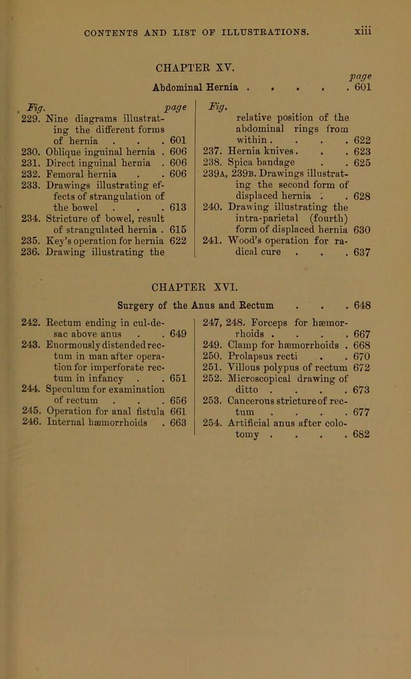 CHAPTER XV. Abdominal Hernia fage . 601 . ^g- p<^g^ 229. Nine diagrams illustrat- ing the different forms of hernia . . . 601 230. Oblique inguinal hernia . 606 231. Direct inguinal hernia . 606 232. Femoral hernia . . 606 233. Drawings illustrating ef- fects of strangulation of the bowel . . . 613 234. Stricture of bowel, result of strangulated hernia . 615 235. Key’s operation for hernia 622 236. Drawing illustrating the Fig. relative position of the abdominal rings from within.... 622 237. Hernia knives. . . 623 238. Spica bandage . . 625 239a, 239b. Drawings illustrat- ing the second form of displaced hernia ’. . 628 240. Drawing illustrating the intra-parietal (fourth) form of displaced hernia 630 241. Wood’s operation for ra- dical cure . . . 637 CHAPTER XVI. Surgery of the Anus and Rectum . . . 648 242. Rectum ending in cul-de- sac above anus . . 649 243. Enormously distended rec- tum in man after opera- tion for imperforate rec- tum in infancy . . 651 244. Speculum for examination of rectum . . . 656 245. Operation for anal fistula 661 246. Internal ha>morrhoids , 663 247, 248. Forceps for hsemor- rhoids .... 667 249. Clamp for haemorrhoids . 668 250. Prolapsus recti . . 670 251. Villous polypus of rectum 672 252. Microscopical drawing of ditto . . . .673 253. Cancerous stricture of rec- tum .... 677 254. Artificial anus after colo- tomy .... 682