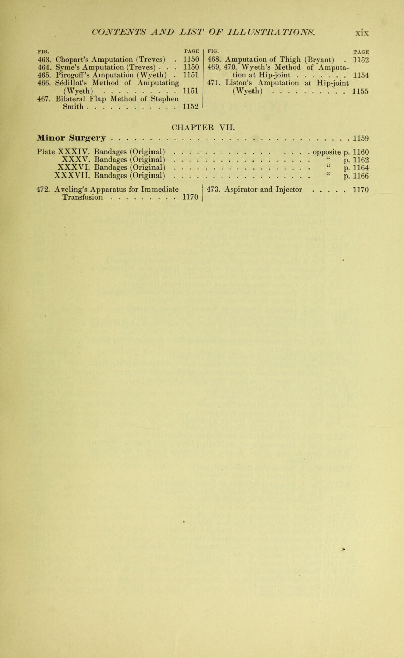 FIG. PAGE 463. Chopart’s Amputation (Treves) . 1150 464. Syme’s Amputation (Treves) . . . 1150 465. Pirogoff’s Amputation (Wyeth) . 1151 466. Sddillot’s Method of Amputating (Wyeth) 1151 467. Bilateral Flap Method of Stephen Smith 1152 FIG. PAGE 468. Amputation of Thigh (Bryant) . 1152 469, 470. Wyeth’s Method of Amputa- tion at Hip-joint 1154 471. Liston’s Amputation at Hip-joint (Wyeth) 1155 Minor Surgery CHAPTER VII. . 1159 Plate XXXIV. Bandages (Original) opposite p. 1160 XXXV. Bandages (Original) “ p. 1162 XXXVI. Bandages (Original) “ p. 1164 XXXVII. Bandages (Original) “ p. 1166 472. Aveling’s Apparatus for Immediate Transfusion 1170 473. Aspirator and Injector 1170