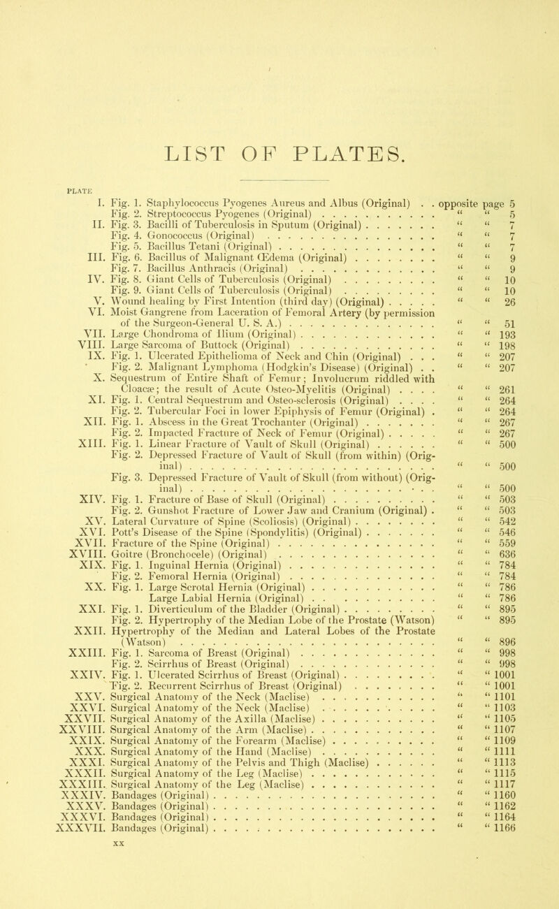 LIST OF PLATES. PLATE I. II. III. IV. V. VI. VII. VIII. IX. X. XI. XII. XIII. Fig. 1. Staphylococcus Pyogenes Aureus and Albus (Original) . . opposite page 5 Fig. 2. Streptococcus Pyogenes (Original) “ “ 5 Fig. 3. Bacilli of Tuberculosis in Sputum (Original) “ “ 7 Fig. 4. Gonococcus (Original) “ “ 7 Fig. 5. Bacillus Tetani (Original) “ “ 7 Fig. 6. Bacillus of Malignant Oedema (Original) “ “ 9 Fig. 7. Bacillus Anthracis (Original) “ “ 9 Fig. 8. Giant Cells of Tuberculosis (Original) “ “ 10 Fig. 9. Giant Cells of Tuberculosis (Original) “ “ 10 Wound healing by First Intention (third day) (Original) “ “26 Moist Gangrene from Laceration of Femoral Artery (by permission of the Surgeon-General U. S. A.) “ “ 51 Large Chondroma of Ilium (Original) “ “ 193 Large Sarcoma of Buttock (Original) “ “ 198 Fig. 1. Ulcerated Epithelioma of Neck and Chin (Original) ... “ “ 207 Fig. 2. Malignant Lymphoma (Hodgkin’s Disease) (Original) . . “ “ 207 Sequestrum of Entire Shaft of Femur; Involucrum riddled with Cloacse; the result of Acute Osteo-Myelitis (Original) .... “ “ 261 Fig. 1. Central Sequestrum and Osteo-sclerosis (Original) .... “ “ 264 Fig. 2. Tubercular Foci in lower Epiphysis of Femur (Original) . “ “ 264 Fig. 1. Abscess in the Great Trochanter (Original) “ “ 267 Fig. 2. Impacted Fracture of Neck of Femur (Original) “ “ 267 Fig. 1. Linear Fracture of Vault of Skull (Original) “ “ 500 Fig. 2. Depressed Fracture of Vault of Skull (from within) (Orig- inal) “ “ 500 Fig. 3. Depressed Fracture of Vault of Skull (from without) (Orig- inal) • . . “ “500 XIV. Fig. 1. Fracture of Base of Skull (Original) “ “ 503 Fig. 2. Gunshot Fracture of Lower Jaw and Cranium (Original) . “ “ 503 XV. Lateral Curvature of Spine (Scoliosis) (Original) “ “ 542 XVI. Pott’s Disease of the Spine (Spondylitis) (Original) “ “ 546 XVII. Fracture of the Spine (Original) “ “ 559 XVIII. Goitre (Bronchocele) (Original) “ “ 636 XIX. Fig. 1. Inguinal Hernia (Original) “ “ 784 Fig. 2. Femoral Hernia (Original) “ “ 784 XX. Fig. 1. Large Scrotal Hernia (Original) “ “786 Large Labial Hernia (Original) “ “786 XXI. Fig. 1. Diverticulum of the Bladder (Original) “ “ 895 Fig. 2. Hypertrophy of the Median Lobe of the Prostate (Watson) “ “ 895 XXII. Hypertrophy of the Median and Lateral Lobes of the Prostate (Watson) “ “896 XXIII. Fig. 1. Sarcoma of Breast (Original) “ “ 998 Fig. 2. Scirrhus of Breast (Original) “ “ 998 XXIV. Fig. 1. Ulcerated Scirrhus of Breast (Original) “ “ 1001 Fig. 2. Recurrent Scirrhus of Breast (Original) “ “1001 XXV. Surgical Anatomy of the Neck (Maclise) “ “1101 XXVI. Surgical Anatomy of the Neck (Maclise) “ “ 1103 XXVII. Surgical Anatomy of the Axilla (Maclise) “ “ 1105 XXVIII. Surgical Anatomy of the Arm (Maclise) “ “1107 XXIX. Surgical Anatomy of the Forearm (Maclise) “ “ 1109 XXX. Surgical Anatomy of the Hand (Maclise) “ “1111 XXXI. Surgical Anatomy of the Pelvis and Thigh (Maclise) “ “1113 XXXII. Surgical Anatomy of the Leg (Maclise) “ “ 1115 XXXIII. Surgical Anatomy of the Leg (Maclise) “ “1117 XXXIV. Bandages (Original) “ “1160 XXXV. Bandages (Original) “ “1162 XXXVI. Bandages (Original) “ « 1164 XXXVII. Bandages (Original) “ “ 1166