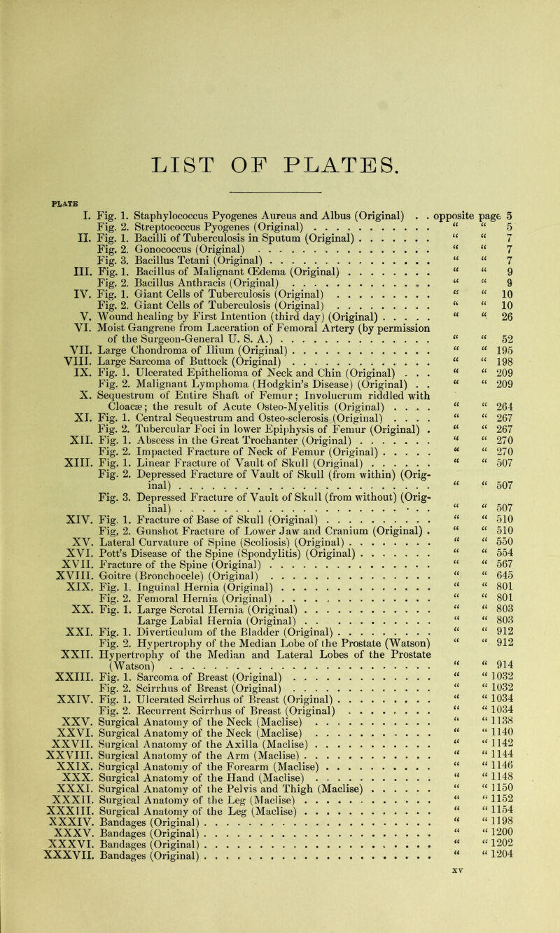 LIST OF PLATES. PLATE I. II. III. IV. V. VI. VII. VIII. IX. X. XI. XII. XIII. XIV. XV. XVI. XVII. XVIII. XIX. XX. XXI. XXII. XXIII. XXIV. XXV. XXVI. XXVII. XXVIII. XXIX. XXX. XXXI. XXXII. XXXIII. XXXIV. XXXV. XXXVI. XXXVII. Fig. 1. Staphylococcus Pyogenes Aureus and Albus (Original) . . opposite Fig. 2. Streptococcus Pyogenes (Original) “ Fig. 1. Bacilli of Tuberculosis in Sputum (Original) “ Fig. 2. Gonococcus (Original) 11 Fig. 3. Bacillus Tetani (Original) “ Fig. 1. Bacillus of Malignant (Edema (Original) “ Fig. 2. Bacillus Anthracis (Original) . . “ Fig. 1. Giant Cells of Tuberculosis (Original) C{ Fig. 2. Giant Cells of Tuberculosis (Original) li Wound healing by First Intention (third day) (Original) “ Moist Gangrene from Laceration of Femoral Artery (by permission of the Surgeon-General U. S. A.) “ Large Chondroma of Ilium (Original) “ Large Sarcoma of Buttock (Original) “ Fig. 1. Ulcerated Epithelioma of Neck and Chin (Original) ... “ Fig. 2. Malignant Lymphoma (Hodgkin’s Disease) (Original) . . “ Sequestrum of Entire Shaft of Femur; Involucrum riddled with Cloacae; the result of Acute Osteo-Myelitis (Original) .... “ Fig. 1. Central Sequestrum and Osteo-sclerosis (Original) .... “ Fig. 2. Tubercular Foci in lower Epiphysis of Femur (Original) . “ Fig. 1. Abscess in the Great Trochanter (Original) “ Fig. 2. Impacted Fracture of Neck of Femur (Original) “ Fig. 1. Linear Fracture of Vault of Skull (Original) “ Fig. 2. Depressed Fracture of Vault of Skull (from within) (Orig- inal) “ Fig. 3. Depressed Fracture of Vault of Skull (from without) (Orig- inal) • . . Fig. 1. Fracture of Base of Skull (Original) “ Fig, 2. Gunshot Fracture of Lower Jaw and Cranium (Original) . “ Lateral Curvature of Spine (Scoliosis) (Original) “ Pott’s Disease of the Spine (Spondylitis) (Original) “ Fracture of the Spine (Original) “ Goitre (Bronchocele) (Original) “ Fig. 1. Inguinal Hernia (Original) “ Fig. 2. Femoral Hernia (Original) “ Fig. 1. Large Scrotal Hernia (Original) “ Large Labial Hernia (Original) . . “ Fig. 1. Diverticulum of the Bladder (Original) “ Fig. 2. Hypertrophy of the Median Lobe of the Prostate (Watson) “ Hypertrophy of the Median and Lateral Lobes of the Prostate (Watson) “ Fig. 1. Sarcoma of Breast (Original) “ Fig. 2. Scirrhus of Breast (Original) “ Fig. 1. Ulcerated Scirrhus of Breast (Original) “ Fig. 2. Recurrent Scirrhus of Breast (Original) ........ “ Surgical Anatomy of the Neck (Maclise) “ Surgical Anatomy of the Neck (Maclise) “ Surgical Anatomy of the Axilla (Maclise) “ Surgical Anatomy of the Arm (Maclise) “ Surgical Anatomy of the Forearm (Maclise) “ Surgical Anatomy of the Hand (Maclise) “ Surgical Anatomy of the Pelvis and Thigh (Maclise) “ Surgical Anatomy of the Leg (Maclise) “ Surgical Anatomy of the Leg (Maclise) “ Bandages (Original) “ Bandages (Original) “ Bandages (Original) “ Bandages (Original) “ page 5 “ 5 10 “ 10 “ 26 “ 52 “ 195 “ 198 “ 209 “ 209 264 267 267 270 270 507 507 507 510 510 550 554 567 645 801 801 803 803 912 912 “ 914 “ 1032 “ 1032 « 1034 “ 1034 “ 1138 “ 1140 “ 1142 “ 1144 “ 1146 “ 1148 « 1150 “ 1152 “ 1154 “ 1198 “ 1200 “ 1202 “ 1204