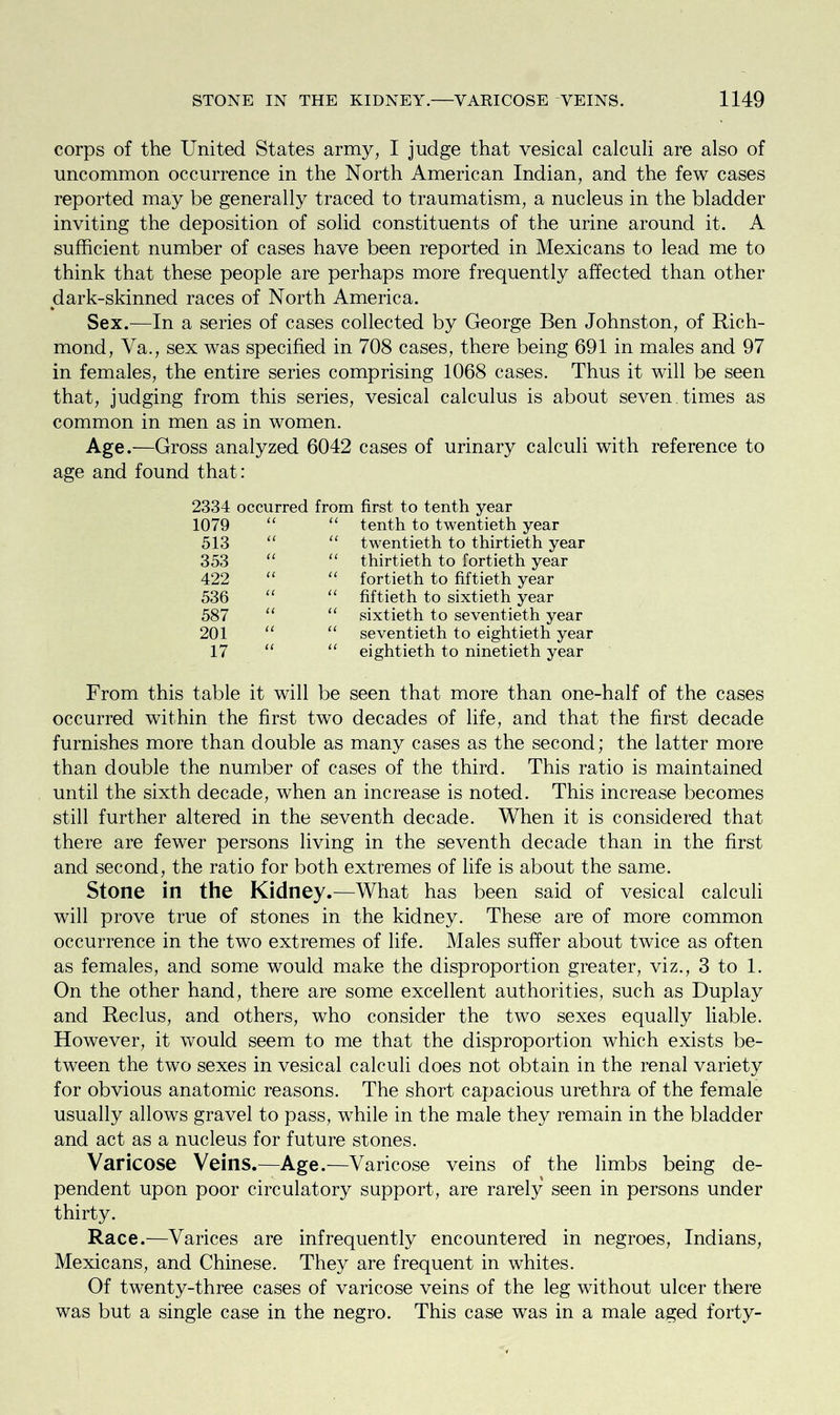 corps of the United States army, I judge that vesical calculi are also of uncommon occurrence in the North American Indian, and the few cases reported may be generally traced to traumatism, a nucleus in the bladder inviting the deposition of solid constituents of the urine around it. A sufficient number of cases have been reported in Mexicans to lead me to think that these people are perhaps more frequently affected than other dark-skinned races of North America. • Sex.—In a series of cases collected by George Ben Johnston, of Rich- mond, Va., sex was specified in 708 cases, there being 691 in males and 97 in females, the entire series comprising 1068 cases. Thus it will be seen that, judging from this series, vesical calculus is about seven, times as common in men as in women. Age.—Gross analyzed 6042 cases of urinary calculi with reference to age and found that: 2334 occurred from first to tenth year 1079 513 353 422 536 587 201 17 tenth to twentieth year twentieth to thirtieth year thirtieth to fortieth year fortieth to fiftieth year fiftieth to sixtieth year sixtieth to seventieth year seventieth to eightieth year eightieth to ninetieth year From this table it will be seen that more than one-half of the cases occurred within the first two decades of life, and that the first decade furnishes more than double as many cases as the second; the latter more than double the number of cases of the third. This ratio is maintained until the sixth decade, when an increase is noted. This increase becomes still further altered in the seventh decade. When it is considered that there are fewer persons living in the seventh decade than in the first and second, the ratio for both extremes of life is about the same. Stone in the Kidney.—What has been said of vesical calculi will prove true of stones in the kidney. These are of more common occurrence in the two extremes of life. Males suffer about twice as often as females, and some would make the disproportion greater, viz., 3 to 1. On the other hand, there are some excellent authorities, such as Duplay and Reclus, and others, who consider the two sexes equally liable. However, it would seem to me that the disproportion which exists be- tween the two sexes in vesical calculi does not obtain in the renal variety for obvious anatomic reasons. The short capacious urethra of the female usually allows gravel to pass, while in the male they remain in the bladder and act as a nucleus for future stones. Varicose Veins.—Age.—Varicose veins of the limbs being de- pendent upon poor circulatory support, are rarely seen in persons under thirty. Race.—Varices are infrequently encountered in negroes, Indians, Mexicans, and Chinese. They are frequent in whites. Of twenty-three cases of varicose veins of the leg without ulcer there was but a single case in the negro. This case was in a male aged forty-