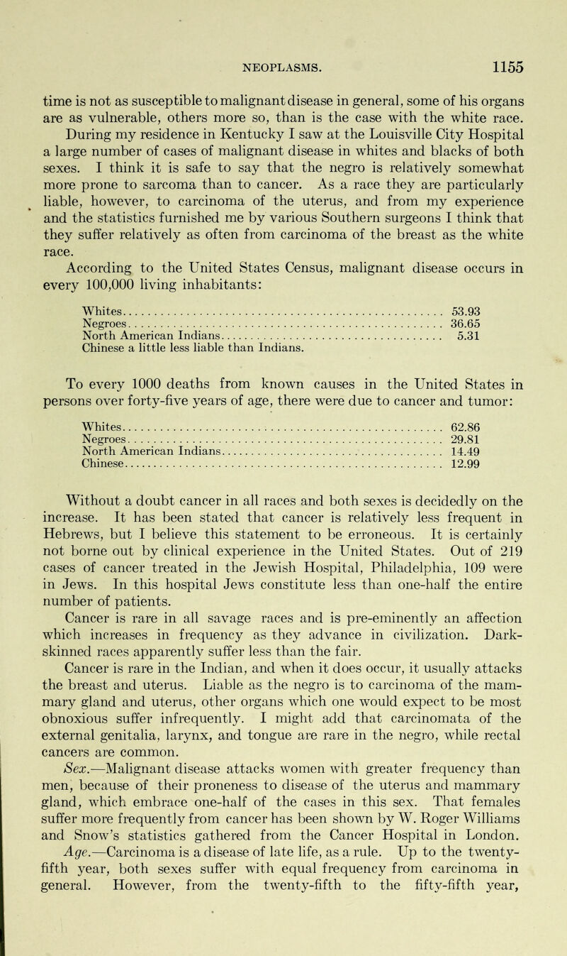 time is not as susceptible to malignant disease in general, some of his organs are as vulnerable, others more so, than is the case with the white race. During my residence in Kentucky I saw at the Louisville City Hospital a large number of cases of malignant disease in whites and blacks of both sexes. I think it is safe to say that the negro is relatively somewhat more prone to sarcoma than to cancer. As a race they are particularly liable, however, to carcinoma of the uterus, and from my experience and the statistics furnished me by various Southern surgeons I think that they suffer relatively as often from carcinoma of the breast as the white race. According to the United States Census, malignant disease occurs in every 100,000 living inhabitants: Whites 53.93 Negroes 36.65 North American Indians 5.31 Chinese a little less liable than Indians. To every 1000 deaths from known causes in the United States in persons over forty-five years of age, there were due to cancer and tumor: Whites 62.86 Negroes 29.81 North American Indians 14.49 Chinese 12.99 Without a doubt cancer in all races and both sexes is decidedly on the increase. It has been stated that cancer is relatively less frequent in Hebrews, but I believe this statement to be erroneous. It is certainly not borne out by clinical experience in the United States. Out of 219 cases of cancer treated in the Jewish Hospital, Philadelphia, 109 were in Jews. In this hospital Jews constitute less than one-half the entire number of patients. Cancer is rare in all savage races and is pre-eminently an affection which increases in frequency as they advance in civilization. Dark- skinned races apparently suffer less than the fair. Cancer is rare in the Indian, and when it does occur, it usually attacks the breast and uterus. Liable as the negro is to carcinoma of the mam- mary gland and uterus, other organs which one would expect to be most obnoxious suffer infrequently. I might add that carcinomata of the external genitalia, larynx, and tongue are rare in the negro, while rectal cancers are common. Sex.—Malignant disease attacks women with greater frequency than men, because of their proneness to disease of the uterus and mammary gland, which embrace one-half of the cases in this sex. That females suffer more frequently from cancer has been shown by W. Roger Williams and Snow’s statistics gathered from the Cancer Hospital in London. Age.—Carcinoma is a disease of late life, as a rule. Up to the twenty- fifth year, both sexes suffer with equal frequency from carcinoma in general. However, from the twenty-fifth to the fifty-fifth year,