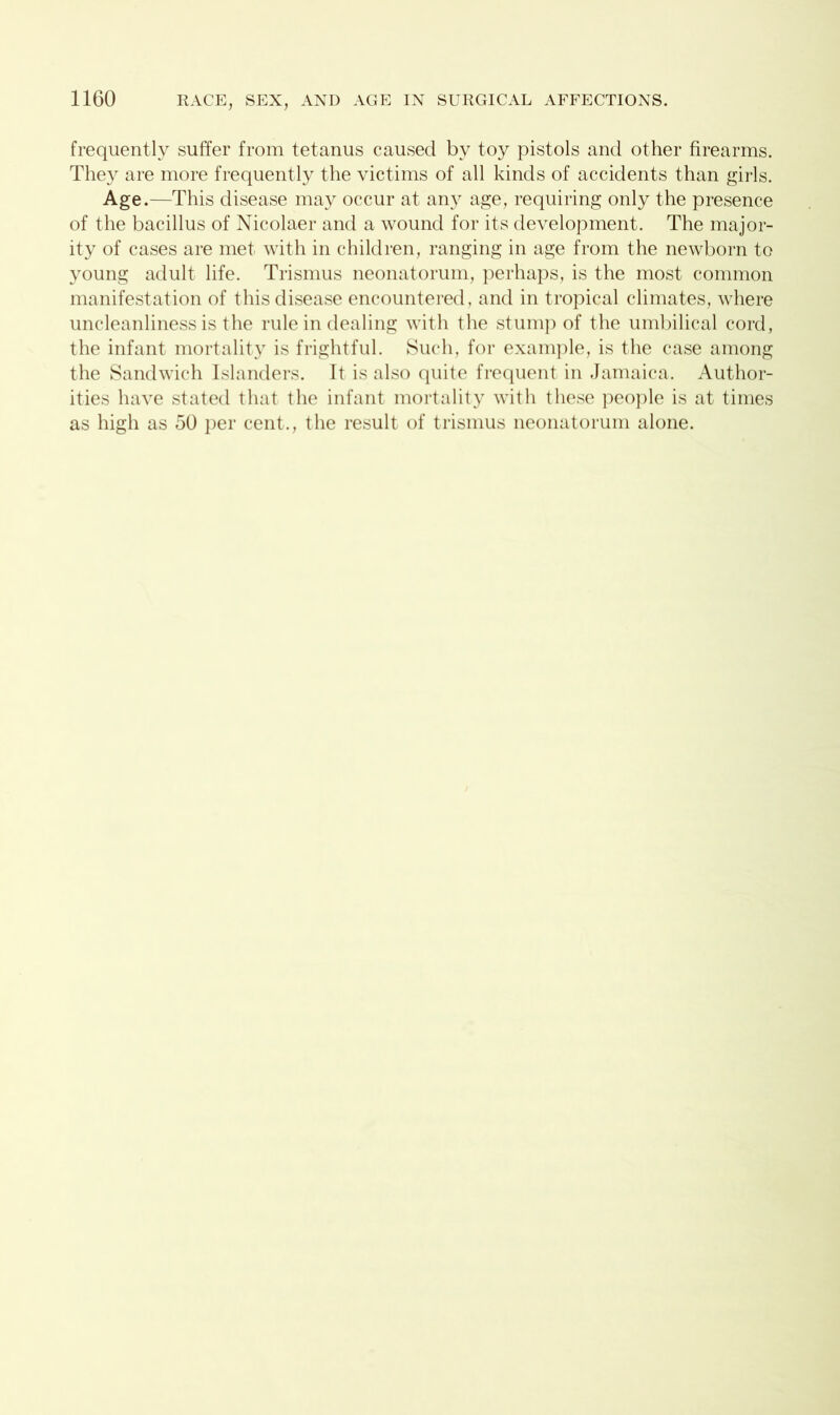 frequently suffer from tetanus caused by toy pistols and other firearms. They are more frequently the victims of all kinds of accidents than girls. Age.—This disease may occur at any age, requiring only the presence of the bacillus of Nicolaer and a wound for its development. The major- ity of cases are met with in children, ranging in age from the newborn to young adult life. Trismus neonatorum, perhaps, is the most common manifestation of this disease encountered, and in tropical climates, where uncleanliness is the rule in dealing with the stump of the umbilical cord, the infant mortality is frightful. Such, for example, is the case among the Sandwich Islanders. It is also quite frequent in Jamaica. Author- ities have stated that the infant mortality with these people is at times as high as 50 per cent., the result of trismus neonatorum alone.