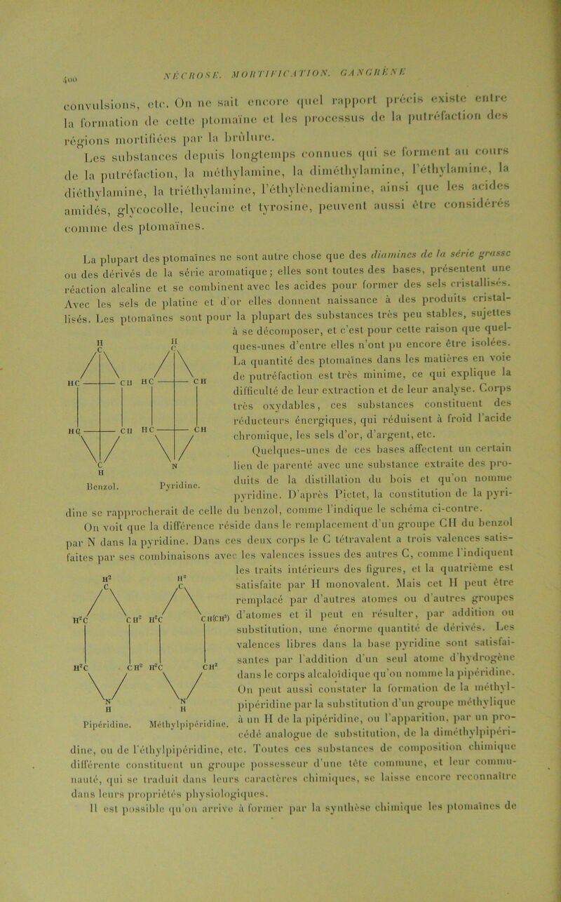 /l»0 II .C. II C. HC HO CU HC Cil HC CH convulsions, etc. On ne sait encore quel rapport précis existe entre la formation de cette ptomaïne et les processus de la putréfaction des régions mortifiées par la bruluic. ~Les substances depuis longtemps connues qui se forment au cours de la putréfaction, la mélhylamine, la diméthylamine, l’éthylamine. la diéthylamine, la triéthylamine, réthylènediamine, ainsi que les acides amidés, glycocolle, leucine et tyrosine, peuvent aussi être considérés comme des ptomaïnes. La plupart des ptomaïnes ne sont autre chose que des elianuncs de la série grasse ou des dérivés de la série aromatique; elles sont toutes des bases, présentent une réaction alcaline et se combinent avec les acides pour former des sels cristallisés. Avec les sels de platine et d’or elles donnent naissance à des produits cristal- lisés. Les ptomaïnes sont pour la plupart des substances très peu stables, sujettes à se décomposer, et c’est pour cette raison que quel- ques-unes d’entre elles n’onl pu encore être isolées. La quantité des ptomaïnes dans les matières en voie de putréfaction est très minime, ce qui explique la difficulté de leur extraction et de leur analyse. Corps très oxydables, ces substances constituent des réducteurs énergiques, qui réduisent à froid 1 acide chromique, les sels d’or, d’argent, etc. Quelques-unes de ces bases affectent un certain lien de parenté avec une substance extraite des pro- duits de la distillation du bois et qu’on nomme pyridine. D’après Pictet, la constitution de la pyri- dine se rapprocherait de celle du benzol, comme l’indique le schéma ci-contre. On voit que la différence réside dans le remplacement d’un groupe CM du benzol par N dans la pyridine. Dans ces deux corps le C tétravalent a trois valences satis- faites par ses combinaisons avec les valences issues des autres C, comme 1 indiquent les traits intérieurs des figures, et la quatrième est satisfaite par H monovalent. Mais cet H peut être remplacé par d’autres atomes ou d’autres groupes ch(ch3) d’atomes et il peut en résulter, par addition ou substitution, une énorme quantité de dérivés. Les valences libres dans la base pyridine sont satisfai- santes par l’addition d un seul atome d hydrogène dans le corps alcaloîdique qu on nomme la pipéridine. On peut aussi constater la formation de la méthyl- pipéridine par la substitution d’un groupe methylique à un II de la pipéridine, ou 1 apparition, par un pro- cédé analogue de substitution, de la dimethylpiperi- dine, ou de l’élhylpipéridine, etc. Toutes ces substances de composition chimique différente constituent un groupe possesseur d une tète commune, et leur commu- nauté, qui se traduit dans leurs caractères chimiques, se laisse encore reconnaître dans leurs propriétés physiologiques. Il est possible qu’on arrive à former par la synthèse chimique les ptomaïnes de c u Benzol. Pyridine. ,C, tfc HZC ch2 idc cid idc Mélhylpipéridine.