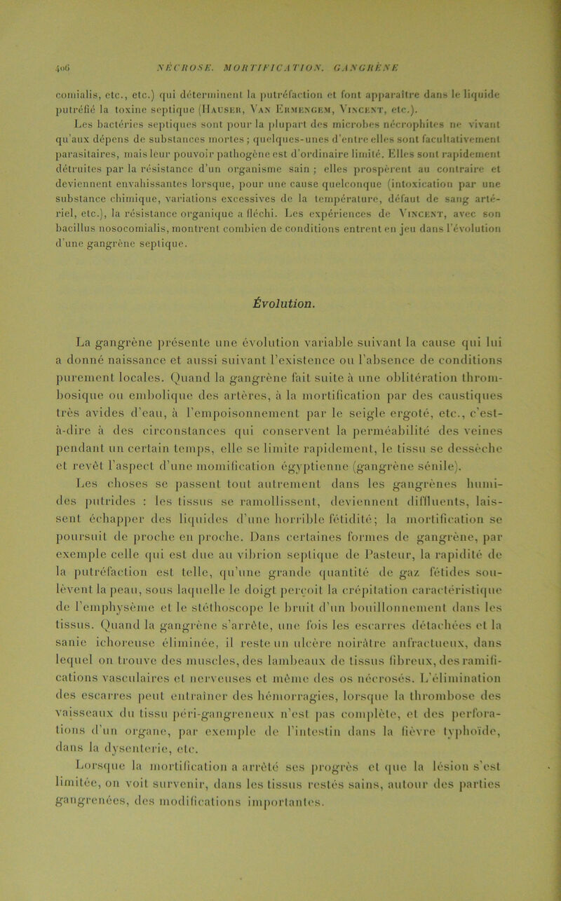 y i: CHOSE. MORT! F IC A TIOS. GASGRESE /,o() comialis, etc., etc.) qui déterminent lu putréfaction et font apparaître dan» le liquide putréfié la toxine septique (Hauser, Van Ermengem, Vincent, etc.). Les bactéries septiques sont pour la plupart des microbes nécrophites ne vivant qu’aux dépens de substances mortes ; quelques-unes d’entre elles sont facultativement parasitaires, mais leur pouvoir pathogène est d’ordinaire limité. Elles sont rapidement détruites par la résistance d’un organisme sain ; elles prospèrent au contraire et deviennent envahissantes lorsque, pour une cause quelconque (intoxication par une substance chimique, variations excessives de la température, défaut de sang arté- riel, etc.), la résistance organique a fléchi. Les expériences de Vincent, avec son bacillus nosocomialis, montrent combien de conditions entrent en jeu dans l’évolution d’une gangrène septique. Évolution. La gangrène présente une évolution variable suivant la cause qui lui a donné naissance et aussi suivant l’existence ou l’absence de conditions purement locales. Quand la gangrène fait suite à une oblitération throni- bosique ou embolique des artères, à la mortification par des caustiques très avides d’eau, à l’empoisonnement par le seigle ergoté, etc., c’est- à-dire à des circonstances qui conservent la perméabilité des veines pendant un certain temps, elle se limite rapidement, le tissu se dessèche et revêt l’aspect d’une momification égyptienne (gangrène sénile). Les choses se passent tout autrement dans les gangrènes humi- des putrides : les tissus se ramollissent, deviennent diffluents, lais- sent échapper des liquides d’une horrible fétidité ; la mortification se poursuit de proche en proche. Dans certaines formes de gangrène, par exemple celle qui est due au vibrion septique de Pasteur, la rapidité de la putréfaction est telle, qu’une grande quantité de gaz fétides sou- lèvent la peau, sous laquelle le doigt perçoit la crépitation caractéristique de l’emphysème et le stéthoscope le bruit d’un bouillonnement dans les tissus. Quand la gangrène s’arrête, une fois les escarres détachées et la sanie ichoreuse éliminée, il reste un ulcère noirâtre anfractueux, dans lequel on trouve des muscles, des lambeaux de tissus fibreux, des ramifi- cations vasculaires et nerveuses et même des os nécrosés. L’élimination des escarres peut entraîner des hémorragies, lorsque la thrombose des vaisseaux du lissu péri-gangreneux n’est pas complète, et des perfora- tions d’un organe, par exemple de l’intestin dans la fièvre typhoïde, dans la dysenterie, etc. Lorsque la mortification a arrêté ses progrès et que la lésion s’est limitée, on voit survenir, dans les tissus restés sains, autour des parties gangrenées, des modifications importantes.