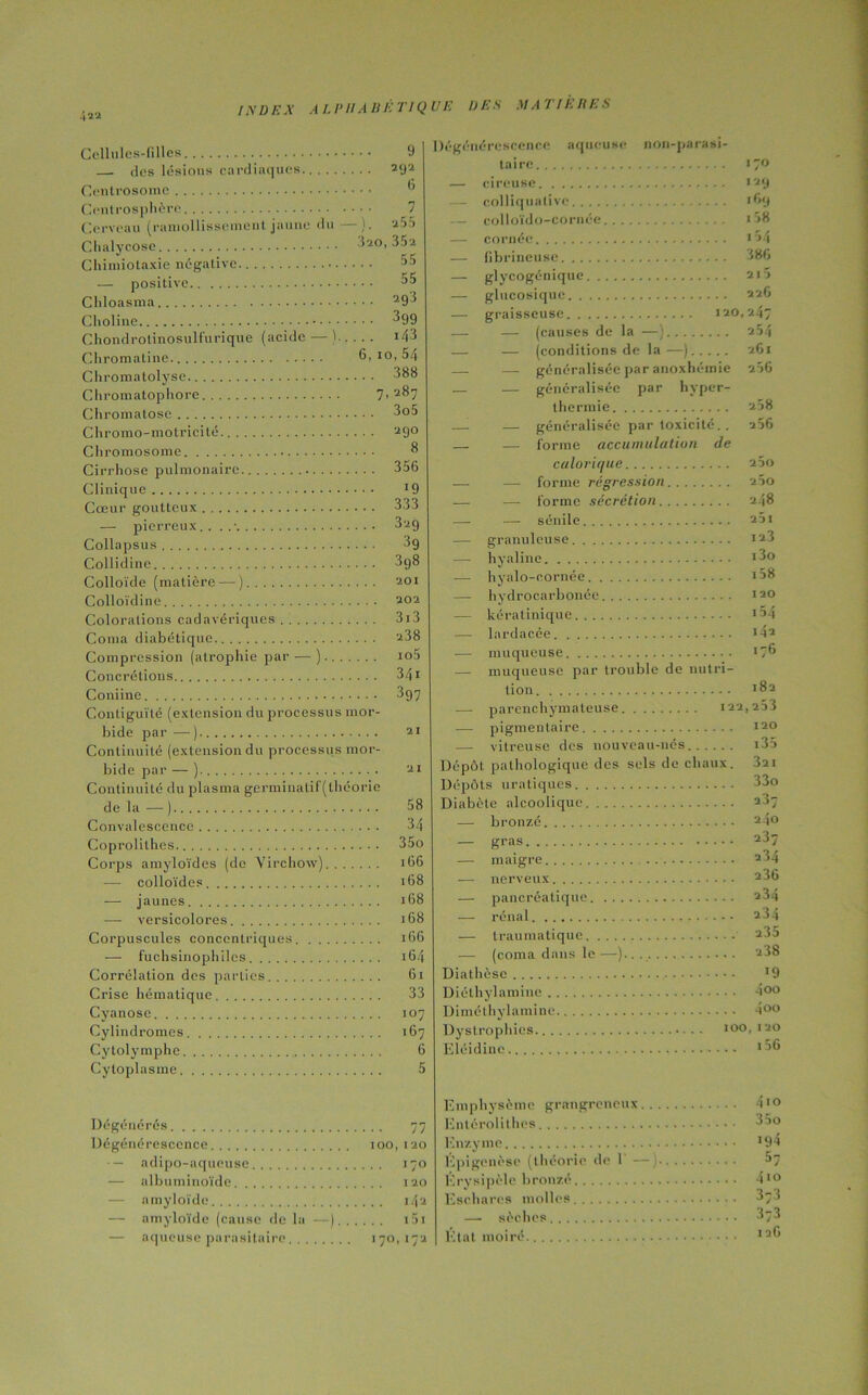 4“ Cellules-lilles 9 — des lésious cardiaques 292 Centrosome 11 Centrosphère Cerveau (ramollissement jaune du ). 2j5 Clialycose Sao, 35a Chimiotaxie négative JJ — positive 55 Chloasma 29^ Choline 3gg Chondrolinosulfurique (acide — ) *43 Chromatine 6, 10, 54 Chromatolyse 388 Chromatophore 7>'287 Chromatose .. 3o5 Chromo-motricité 290 Chromosome 8 Cirrhose pulmonaire 356 Clinique *9 Cœur goutteux 333 — pierreux.. . 3ag Collapsus 39 Collidine 398 Colloïde (matière — ) 201 Colloïdine 20a Colorations cadavériques 313 Coma diabétique 238 Compression (atrophie par — ) io5 Concrétions 341 C-oniine 397 Contiguïté (extension du processus mor- bide par —) 21 Continuité (extension du processus mor- bide par — ) 'ai Continuité du plasma germinalif(théorie de la — ) 58 Convalescence 34 Coprolithes 35o Corps amyloïdes (de Virchow) 166 — colloïdes 168 -— jaunes 168 —• versicolores 168 Corpuscules concentriques 166 — fuchsinophilcs 164 Corrélation des parties 61 Crise hématique 33 Cyanose 107 Cylindromes 167 Cy tolymphe 6 Cytoplasme 5 Dégénérés 77 Dégénérescence ioo, 120 ■— adipo-aqueuse 170 — albuminoïde 120 — amyloïde i4'i — amyloïde (cause de la —) i5t — aqueuse parasitaire 170,172 Dégénérescence aqueuse non-parasi- taire >7° — cireuse 129 — colliqualivc 169 — colloïdo-cornée i58 — cornée *>4 — (ibrineuse 386 — glycogénique 215 — glucosique 226 — graisseuse 120,247 — — (causes de la —) 254 — — (conditions de la—) 261 — généralisée par anoxhémie 256 _ — généralisée par hyper- thermie 258 — — généralisée par toxicité.. u56 — — forme accumulation de calorique 25o — —- forme régression a5o — forme sécrétion 248 — — sénile 221 — granuleuse 123 hyaline 13o — hyalo-cornée i58 — hydrocarbonée >20 — kératinique 15 4 — lardacée >42 — muqueuse >7^ — muqueuse par trouble de nutri- tion 182 — parenchymateuse 122,253 — pigmentaire 120 — vitreuse des nouveau-nés i35 Dépôt pathologique des sels de chaux. 3ai Dépôts uratiques 33o Diabète alcoolique 237 — bronzé 24o — gras 237 — maigre 234 — nerveux 236 — pancréatique 234 — rénal 234 — traumatique 235 -— (coma dans le—)••-. 238 Diathèse *9 Diéthylamine 4oo Diméthylamine 4 00 Dystrophies 100,120 Eléidinc *56 Emphysème grangreneux 410 Entérolithes 35o Enzyme '94 Epigenèse (théorie de I — 57 Érysipèle bronzé i10 Eschares molles 37 3 — sèches 373 Etal moiré *211