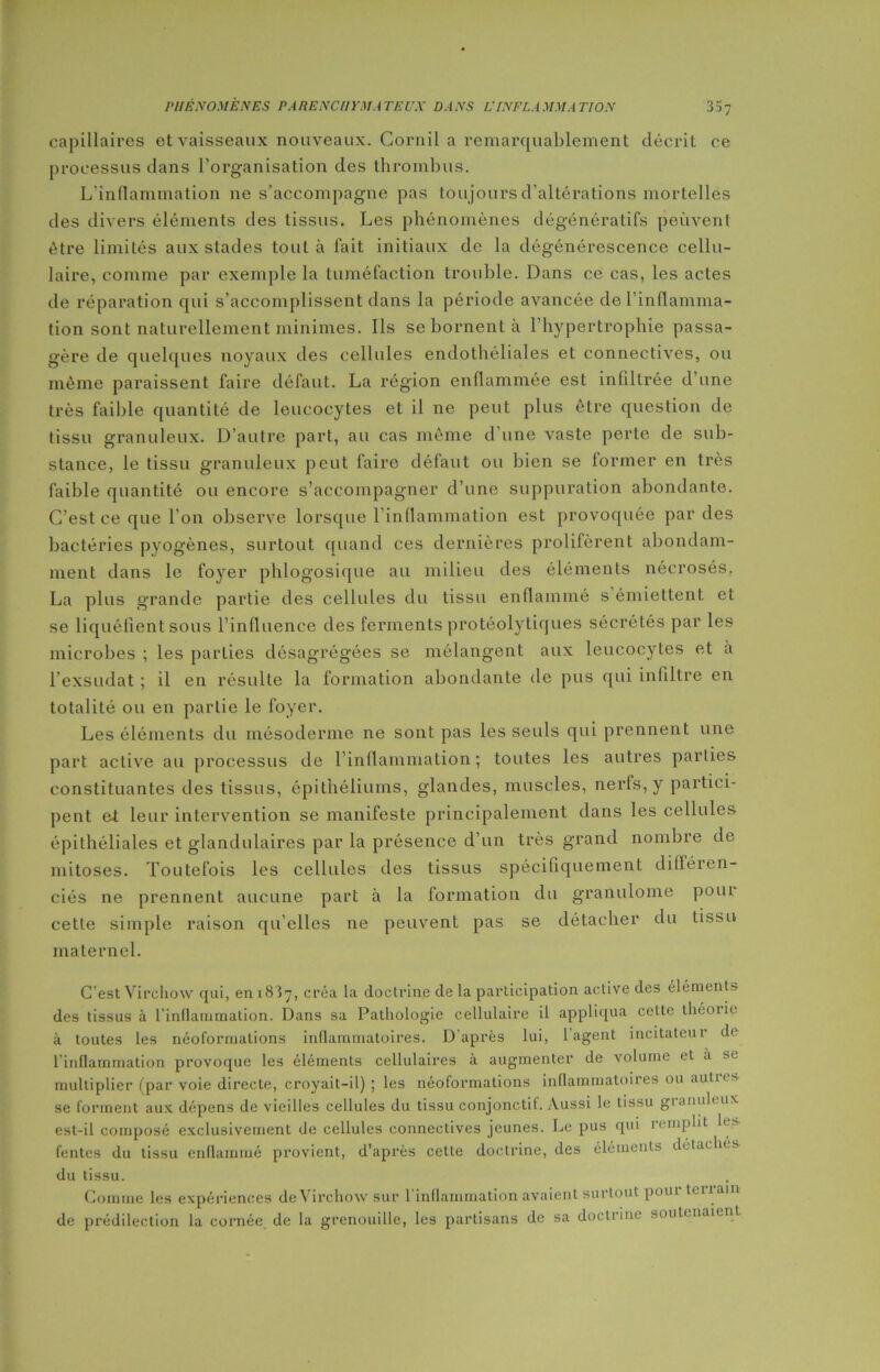 capillaires et vaisseaux nouveaux. Gornil a remarquablement décrit ce processus dans l’organisation des thrombus. L'inflammation ne s’accompagne pas toujours d’altérations mortelles des divers éléments des tissus. Les phénomènes dégénératifs peuvent être limités aux stades tout à fait initiaux de la dégénérescence cellu- laire, comme par exemple la tuméfaction trouble. Dans ce cas, les actes de réparation qui s’accomplissent dans la période avancée de l’inflamma- tion sont naturellement minimes. Ils se bornent à l’hypertrophie passa- gère de quelques noyaux des cellules endothéliales et connectives, ou même paraissent faire défaut. La région enflammée est infiltrée d une très faible quantité de leucocytes et il ne peut plus être question de tissu granuleux. D’autre part, au cas même d’une vaste perte de sub- stance, le tissu granuleux peut faire défaut ou bien se former en très faible quantité ou encore s’accompagner d’une suppuration abondante. C’est ce que l’on observe lorsque l’inflammation est provoquée par des bactéries pyogènes, surtout quand ces dernières prolifèrent abondam- ment dans le foyer phlogosique au milieu des éléments nécrosés. La plus grande partie des cellules du tissu enflammé s émiettent et se liquéfient sous l’influence des ferments protéolytiques sécrétés par les microbes ; les parties désagrégées se mélangent aux leucocytes et à l’exsudât ; il en résulte la formation abondante de pus qui infiltre en totalité ou en partie le foyer. Les éléments du mésoderme ne sont pas les seuls qui prennent une part active au processus de l’inflammation; toutes les autres parties constituantes des tissus, épithéliums, glandes, muscles, nerfs, y partici- pent et leur intervention se manifeste principalement dans les cellules épithéliales et glandulaires par la présence d’un très grand nombre de mitoses. Toutefois les cellules des tissus spécifiquement différen- ciés ne prennent aucune part à la formation du granulome pom cette simple raison qu’elles ne peuvent pas se détacher du tissu maternel. C’est Virchow qui, en 1837, créa la doctrine de la participation active des éléments des tissus à l’inflammation. Dans sa Pathologie cellulaire il appliqua cette théoiie à toutes les néoformations inflammatoires. D'après lui, l’agent incitateur de l’inflammation provoque les éléments cellulaires à augmenter de volume et a se multiplier (par voie directe, croyait-il) ; les néoformalions inflammatoires ou auties se forment aux dépens de vieilles cellules du tissu conjonctif. Aussi le tissu granuleux est-il composé exclusivement de cellules connectives jeunes. Le pus qui 1 emplit h- fentes du tissu enflammé provient, d’après cette doctrine, des éléments détachés du tissu. Comme les expériences de Virchow sur l’inflammation avaient surtout pom lenain de prédilection la cornée de la grenouille, les partisans de sa doctrine soutenaient