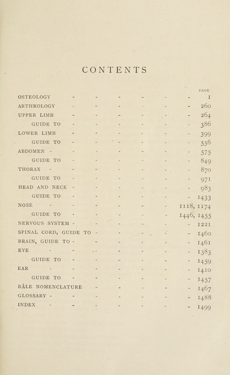 CONTENTS PAGE OSTEOLOGY ------ I ARTHROLOGY ------ 260 UPPER LIMB ------ 264 GUIDE TO - - - - - 386 LOWER LIMB ------ 399 GUIDE TO - - - - - 556 ABDOMEN ------- 373 GUIDE TO - - - - - - 849 THORAX 87O GUIDE TO - - - - - - 971 HEAD AND NECK ------ 983 GUIDE TO - - - - - _ ^33 NOSE 1118, H74 GUIDE TO - !446, 1455 NERVOUS SYSTEM ------ I22I SPINAL CORD, GUIDE TO - - - - _ 14.60 BRAIN, GUIDE TO - - - - _ - EYE ------ . I383 GUIDE TO ----- - I459 EAR 14x0 GUIDE TO - - - - - _ 2433 BALE NOMENCLATURE - ^67 GLOSSARY ------_ 1488 - *499 INDEX