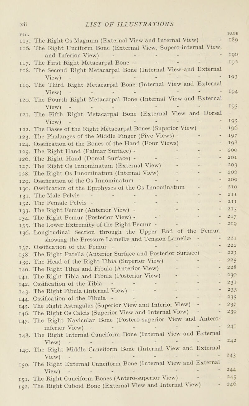 FIO. PAGE 115. The Right Os Magnum (External View and Internal View) - 189 116. The Right Unciform Bone (External View, Supero-internal View, and Inferior View) - - - - • -190 117. The First Right Metacarpal Bone ----- l92 118. The Second Right Metacarpal Bone (Internal View and External View) - - - - - - - - 193 119. The Third Right Metacarpal Bone (Internal View and External View) - - - - - - - - 194 120. The Fourth Right Metacarpal Bone (Internal View and External View) -------- 195 121. The Fifth Right Metacarpal Bone (External View and Dorsal View) - - - - - -  *I95 122. The Bases of the Right Metacarpal Bones (Superior View) - 196 123. The Phalanges of the Middle Finger (Five Views) - - - x97 124. Ossification of the Bones of the Hand (Four Views) - - 198 125. The Right Hand (Palmar Surface) ----- 200 126. The Right Hand (Dorsal Surface) - - - - - 201 127. The Right Os Innominatum (External View) - 2°3 128. The Right Os Innominatum (Internal View) - - - 2°5 129. Ossification of the Os Innominatum - 209 130. Ossification of the Epiphyses of the Os Innominatum - - 210 131. The Male Pelvis - - - - - - -211 132. The Female Pelvis - - - - -  -211 133. The Right Femur (Anterior View) ----- 2I5 134. The Right Femur (Posterior View) - - - - - 217 135. The Lower Extremity of the Right Femur - - - - 219 136. Longitudinal Section through the Upper End of the Femur, showing the Pressure Lamellae and Tension Lamellae - - 221 137. Ossification of the Femur - - - - - -222 138. The Right Patella (Anterior Surface and Posterior Surface) - 223 139. The Head of the Right Tibia (Superior View) - - - 225 140. The Right Tibia and Fibula (Anterior View) - - - 228 141. The Right Tibia and Fibula (Posterior View) - - - 23° 142. Ossification of the Tibia - - - -  ~ 23l 143. The Right Fibula (Internal View) ----- 233 144. Ossification of the Fibula - - - -  235 145. The Right Astragalus (Superior View and Inferior View) - - 237 146. The Right Os Calcis (Superior View and Internal View) - - 239 147. The Right Navicular Bone (Postero-superior View and Antero- inferior View) - - - -   -241 148. The Right Internal Cuneiform Bone (Internal View and External View) 242 149. The Right Middle Cuneiform Bone (Internal View and External View) - 243 150. The Right External Cuneiform Bone (Internal View and External View) - - - - - - - - 244 151. The Right Cuneiform Bones (Antero-superior View) - - 24.-> 152. The Right Cuboid Bone (External View and Internal V iew) - 24^