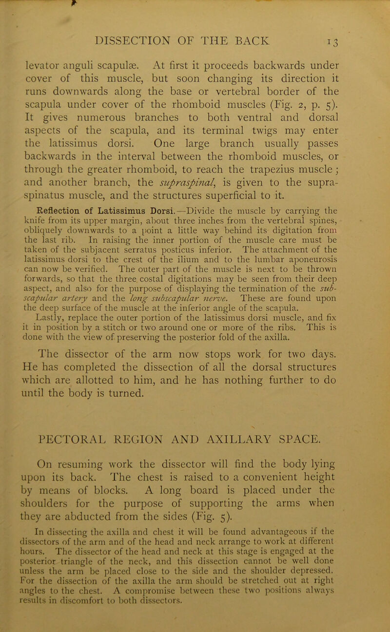 levator anguli scapulae. At first it proceeds backwards under cover of this muscle, but soon changing its direction it runs downwards along the base or vertebral border of the scapula under cover of the rhomboid muscles (Fig. 2, p. 5). It gives numerous branches to both ventral and dorsal aspects of the scapula, and its terminal twigs may enter the latissimus dorsi. One large branch usually passes backwards in the interval between the rhomboid muscles, or through the greater rhomboid, to reach the trapezius muscle ; and another branch, the supraspinal, is given to the supra- spinatus muscle, and the structures superficial to it. Reflection of Latissimus Dorsi.—Divide the muscle by carrying the knife from its upper margin, about three inches from the vertebral spines, obliquely downwards to a point a little way behind its digitation from the last rib. In raising the inner portion of the muscle care must be taken of the subjacent serratus posticus inferior. The attachment of the latissimus dorsi to the crest of the ilium and to the lumbar aponeurosis can now be verified. The outer part of the muscle is next to be thrown forwards, so that the three costal digitations may be seen from their deep aspect, and also for the purpose of displaying the termination of the sub- scapular artery and the long subscapular nerve. These are found upon the deep surface of the muscle at the inferior angle of the scapula. Lastly, replace the outer portion of the latissimus dorsi muscle, and fix it in position by a stitch or two around one or more of the ribs. This is done with the view of preserving the posterior fold of the axilla. The dissector of the arm now stops work for two days. He has completed the dissection of all the dorsal structures which are allotted to him, and he has nothing further to do until the body is turned. PECTORAL REGION AND AXILLARY SPACE. On resuming work the dissector will find the body lying upon its back. The chest is raised to a convenient height by means of blocks. A long board is placed under the shoulders for the purpose of supporting the arms when they are abducted from the sides (Fig. 5). In dissecting the axilla and chest it will be found advantageous if the dissectors of the arm and of the head and neck arrange to work at different hours. The dissector of the head and neck at this stage is engaged at the posterior triangle of the neck, and this dissection cannot be well done unless the arm be placed close to the side and the shoulder depressed. For the dissection of the axilla the arm should be stretched out at right angles to the chest. A compromise between these two positions always results in discomfort to both dissectors.