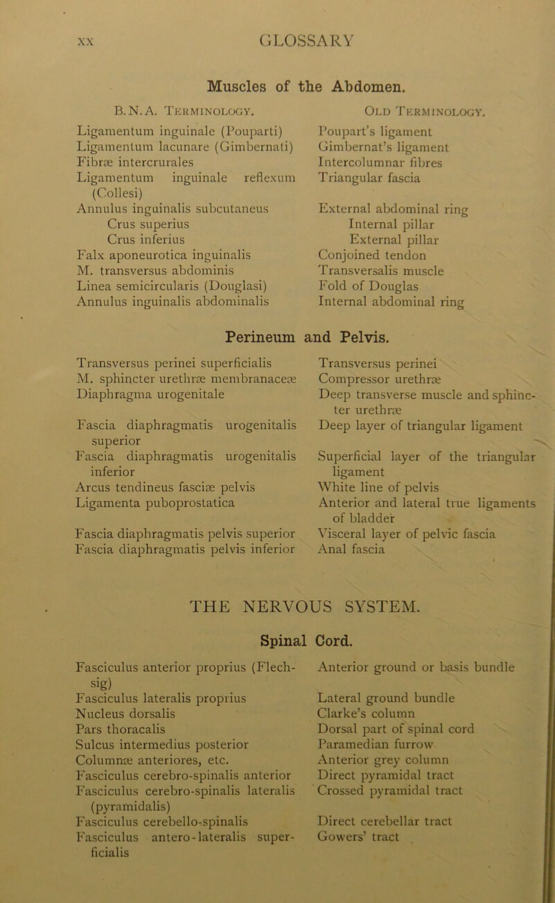 Muscles of the Abdomen. B. N.A. Terminology. Ligamentum inguinale (Pouparti) Ligamentum lacunare (Gimbernati) Fibrse intercrurales Ligamentum inguinale reflexum (Collesi) Annulus inguinalis subcutaneus Crus superius Crus inferius Falx aponeurotica inguinalis M. transversus abdominis Linea semicircularis (Douglasi) Annulus inguinalis abdominalis Perineum Transversus perinei superficialis M. sphincter urethrae membranacece Diaphragma urogenitale Fascia diaphragmatis urogenitalis superior Fascia diaphragmatis urogenitalis inferior Arcus tendineus fasciae pelvis Ligamenta puboprostatica Fascia diaphragmatis pelvis superior Fascia diaphragmatis pelvis inferior Old Terminology. Poupart’s ligament Gimbernat’s ligament Intercolumnar fibres Triangular fascia External abdominal ring Internal pillar External pillar Conjoined tendon Transversalis muscle Fold of Douglas Internal abdominal ring and Pelvis. Transversus perinei Compressor urethras Deep transverse muscle and sphinc- ter urethrae Deep layer of triangular ligament Superficial layer of the triangular ligament White line of pelvis Anterior and lateral true ligaments of bladder Visceral layer of pelvic fascia Anal fascia THE NERVOUS SYSTEM. Spinal Cord. Fasciculus anterior proprius (Flech- sig) Fasciculus lateralis proprius Nucleus dorsalis Pars thoracalis Sulcus intermedius posterior Columnse anteriores, etc. Fasciculus cerebro-spinalis anterior Fasciculus cerebro-spinalis lateralis (pyramidalis) Fasciculus cerebelHspinalis Fasciculus antero-lateralis super- ficialis Anterior ground or basis bundle Lateral ground bundle Clarke’s column Dorsal part of spinal cord Paramedian furrow Anterior grey column Direct pyramidal tract Crossed pyramidal tract Direct cerebellar tract Gowers’ tract