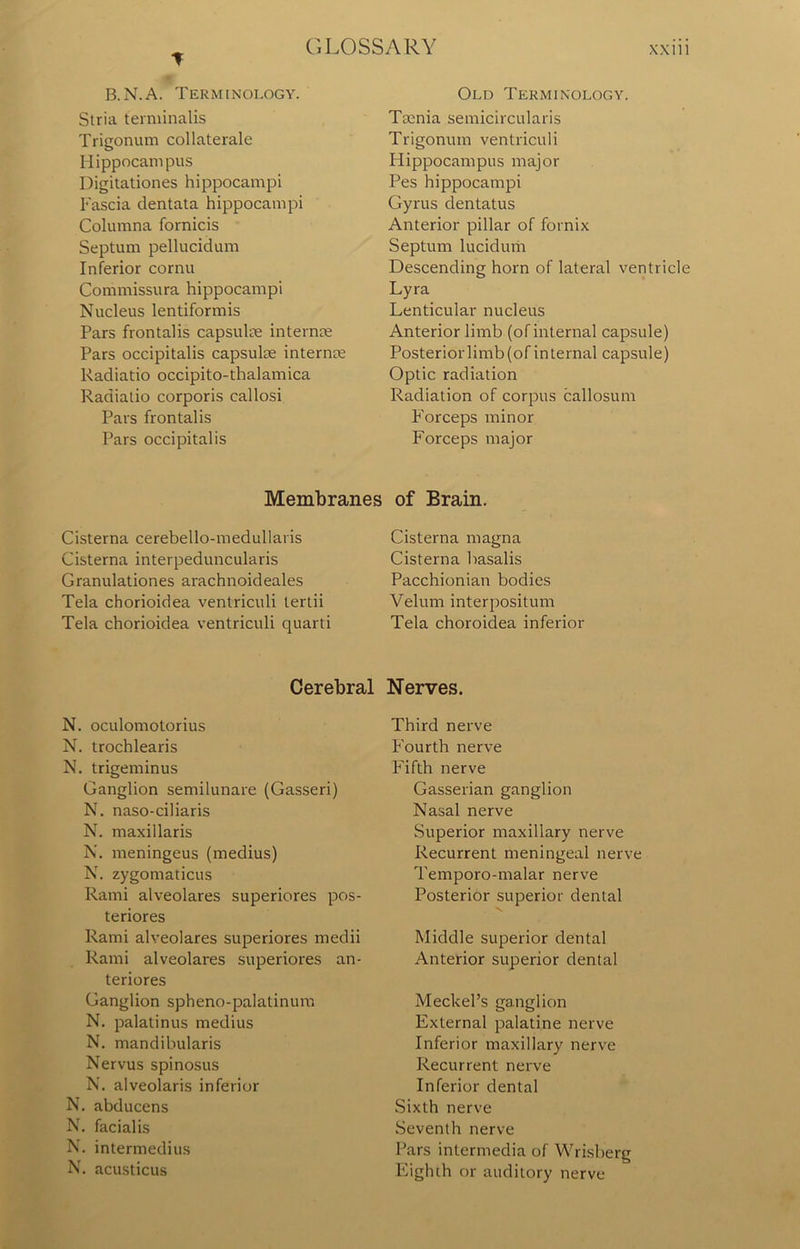 * B.N.A. Terminology. Stria terminalis Trigonum collaterale Hippocampus Digitationes hippocampi Fascia dentata hippocampi Columna fornicis Septum pellucidum Inferior cornu Commissura hippocampi Nucleus lentiformis Pars frontalis capsulae internee Pars occipitalis capsulae internee Radiatio occipito-thalamica Radiatio corporis callosi Pars frontalis Pars occipitalis Old Terminology. Taenia semicircularis Trigonum ventriculi Hippocampus major Pes hippocampi Gyrus dentatus Anterior pillar of fornix Septum lucidum Descending horn of lateral ventricle Lyra Lenticular nucleus Anterior limb (of internal capsule) Posterior limb (of internal capsule) Optic radiation Radiation of corpus callosum Forceps minor Forceps major Membranes of Brain. Cisterna cerebello-medullaris Cisterna interpeduncularis Granulationes arachnoideales Tela chorioidea ventriculi tertii Tela chorioidea ventriculi quarti N. oculomotorius N. trochlearis N. trigeminus Ganglion semilunare (Gasseri) N. naso-ciliaris N. maxillaris N. meningeus (medius) N. zygomaticus Rami alveolares superiores pos- teriores Rami alveolares superiores medii Rami alveolares superiores an- teriores Ganglion spheno-palatinum N. palatinus medius N. mandibularis Nervus spinosus N. alveolaris inferior N. abducens N. facialis N. intermedius N. acusticus Cisterna magna Cisterna basalis Pacchionian bodies Velum interpositum Tela choroidea inferior Nerves. Third nerve Fourth nerve Fifth nerve Gasserian ganglion Nasal nerve Superior maxillary nerve Recurrent meningeal nerve Temporo-malar nerve Posterior superior dental Middle superior dental Anterior superior dental Meckel’s ganglion External palatine nerve Inferior maxillary nerve Recurrent nerve Inferior dental Sixth nerve Seventh nerve Pars intermedia of Wrisberg Eighth or auditory nerve Cerebral