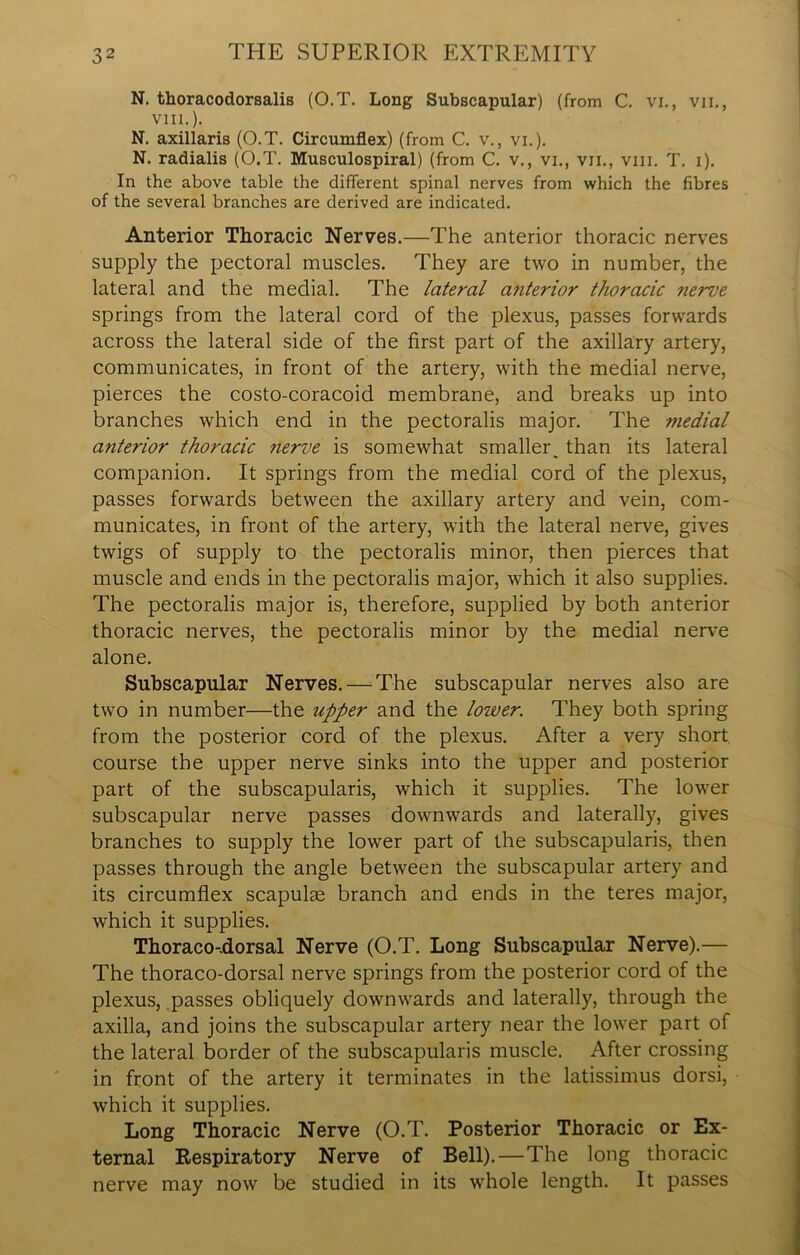 N. thoracodorsalis (O.T. Long Subscapular) (from C. vi., vii., VIII.). N. axillaris (O.T. Circumflex) (from C. v., vi.). N. radialis (O.T. Musculospiral) (from C. v., vi., vn., vm. T. i). In the above table the different spinal nerves from which the fibres of the several branches are derived are indicated. Anterior Thoracic Nerves.—The anterior thoracic nerves supply the pectoral muscles. They are two in number, the lateral and the medial. The lateral anterior thoracic nerve springs from the lateral cord of the plexus, passes forwards across the lateral side of the first part of the axillary artery, communicates, in front of the artery, with the medial nerve, pierces the costo-coracoid membrane, and breaks up into branches which end in the pectoralis major. The ?nedial anterior thoracic ?ierve is somewhat smaller_ than its lateral companion. It springs from the medial cord of the plexus, passes forwards between the axillary artery and vein, com- municates, in front of the artery, with the lateral nerve, gives twigs of supply to the pectoralis minor, then pierces that muscle and ends in the pectoralis major, which it also supplies. The pectoralis major is, therefore, supplied by both anterior thoracic nerves, the pectoralis minor by the medial nerve alone. Subscapular Nerves.—^The subscapular nerves also are two in number—the upper and the lower. They both spring from the posterior cord of the plexus. After a very short course the upper nerve sinks into the upper and posterior part of the subscapularis, which it supplies. The lower subscapular nerve passes downwards and laterally, gives branches to supply the lower part of the subscapularis, then passes through the angle between the subscapular artery and its circumflex scapulae branch and ends in the teres major, which it supplies. Thoraeo-dorsal Nerve (O.T. Long Subscapular Nerve).— The thoraeo-dorsal nerve springs from the posterior cord of the plexus, passes obliquely downwards and laterally, through the axilla, and joins the subscapular artery near the lower part of the lateral border of the subscapularis muscle. After crossing in front of the artery it terminates in the latissimus dorsi, which it supplies. Long Thoracic Nerve (O.T. Posterior Thoracic or Ex- ternal Respiratory Nerve of Bell).—The long thoracic nerve may now be studied in its whole length. It passes