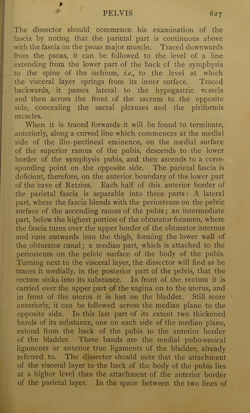 * The dissector should commence his examination of the fascia by noting that the parietal part is continuous above with the fascia on the psoas major muscle. Traced downwards from the psoas, it can be followed to the level of a line extending from the lower part of the back of the symphysis to the spine of the ischium, i.e., to the level at which the visceral layer springs from its inner surface. Traced backwards, it passes lateral to the hypogastric vessels and then across the front of the sacrum to the opposite side, concealing the sacral plexuses and the piriformis muscles. When it is traced forwards it will be found to terminate, anteriorly, along a curved line which commences at the medial side of the ilio-pectineal eminence, on the medial surface of the superior ramus of the pubis, descends to the lower border of the symphysis pubis, and then ascends to a corre- sponding point on the opposite side. The parietal fascia is deficient, therefore, on the anterior boundary of the lower part of the cave of Retzius. Each half of this anterior border of the parietal fascia is separable into three parts: A lateral part, where the fascia blends with the periosteum on the pelvic surface of the ascending ramus of the pubis; an intermediate part, below the highest portion of the obturator foramen, where the fascia turns over the upper border of the obturator internus and runs outwards into the thigh, forming the lower wall of the obturator canal; a median part, which is attached to the periosteum on the pelvic surface of the body of the pubis. Turning next to the visceral layer, the dissector will find as he traces it medially, in the posterior part of the pelvis, that the rectum sinks into its substance. In front of the rectum it is carried over the upper part of the vagina on to the uterus, and in front of the uterus it is lost on the bladder. Still more anteriorly, it can be followed across the median plane to the opposite side. In this last part of its extent two thickened bands of its substance, one on each side of the median plane, extend from the back of the pubis to the anterior border of the bladder. These bands are the medial pubo-vesical ligaments or anterior true ligaments of the bladder, already referred to. The dissector should note that the attachment of the visceral layer to the back of the body of the pubis lies at a higher level than the attachment of the anterior border of the parietal layer. In the space between the two lines of