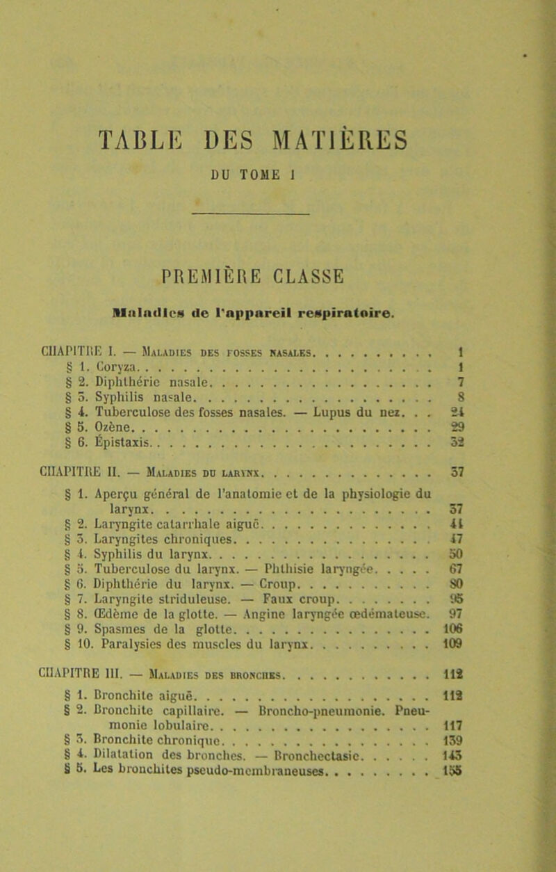 TABLE DES MATIÈRES DU TOME I PREMIÈRE CLASSE Maladies de l'appareil respiratoire. C11APITI1E I. — Maladies des fosses nasai.es 1 § 1. Coryza 1 § 2. Diphthérie nasale 7 § 5. Syphilis nasale 8 § 4. Tuberculose des fosses nasales. — Lupus du nez. . . 24 § S. Ozène 29 § 6. Épistaxis 32 CHAPITRE II. — Maladies du lakïnx 37 § 1. Aperçu général de l’anatomie et de la physiologie du larynx 37 § 2. Laryngite catarrhale aigue 41 § 3. Laryngites chroniques 47 g 4. Syphilis du larynx 50 g o. Tuberculose du larynx. — Phthisie laryngée 67 g 6. Diphthérie du larynx. — Croup SO g 7. Laryngite striduleuse. — Faux croup 95 g 8. Œdème de la glotte. — Angine laryngée œdémateuse. 97 g 9. Spasmes de la glotte 106 g 10. Paralysies des muscles du larynx 109 CHAPITRE III. — Maladies des bronches 112 g 1. Rronchite aiguë 112 g 2. Bronchite capillaire. — Broncho-pneumonie. Pneu- monie lobulaire 117 g 3. Bronchite chronique 139 g 4. Dilatation des bronches. — Bronchectasie 143 g b. Les bronchites pseudo-membraneuses 155