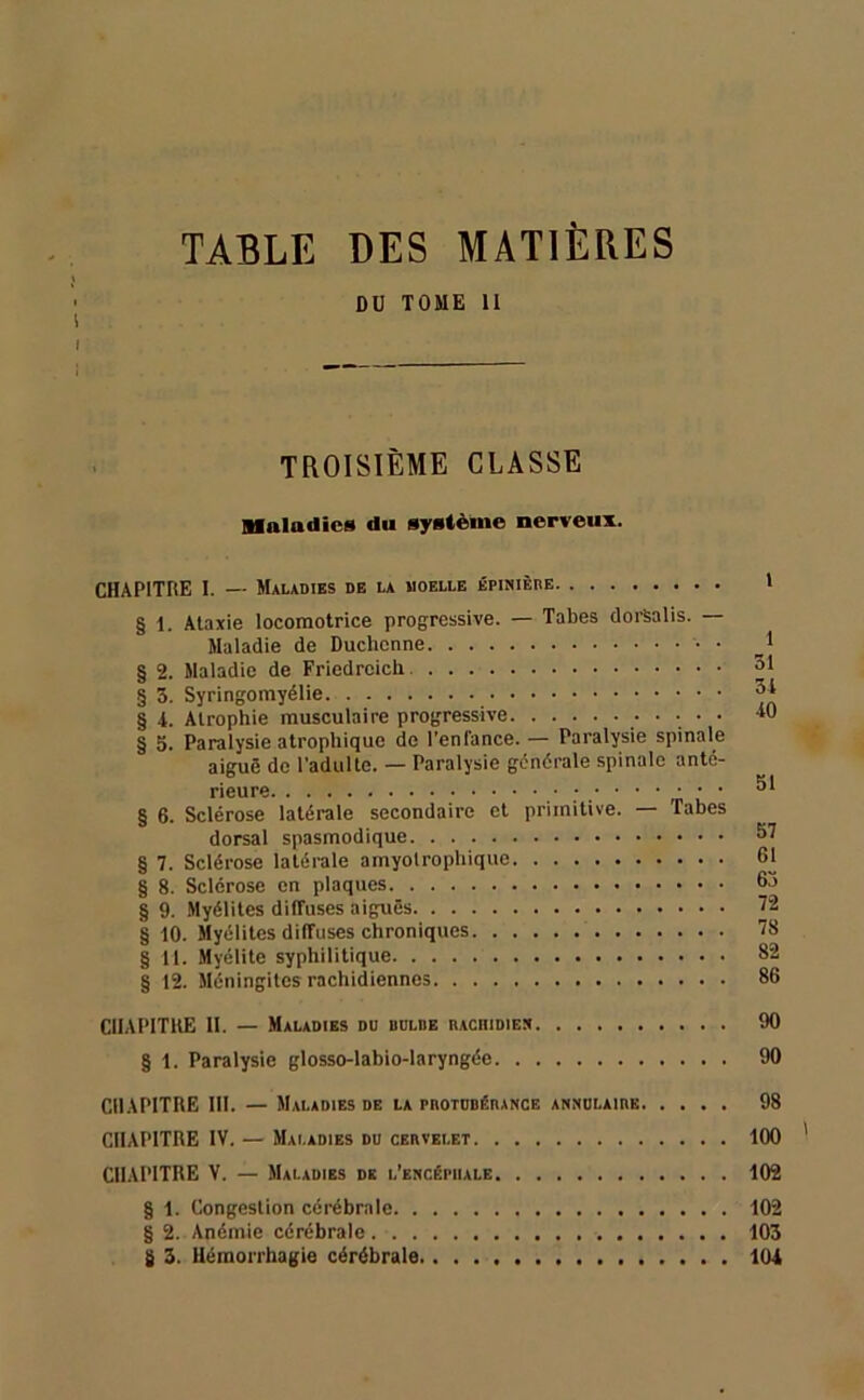 TABLE DES MATIÈRES DU TOME li TROISIÈME CLASSE Maladies du système nerveux. CHAPITRE I. — Maladies de la moelle épinière § 1. Ataxie locomotrice progressive. — Tabes dor'salis. — Maladie de Duchcnne • § 2. Maladie de Friedreich § 3. Syringomyélie § 4. Atrophie musculaire progressive § 5. Paralysie atrophique de l’enfance. — Paralysie spinale aiguë de l'adulte. — Paralysie générale spinale anté- rieure .••••••• § 6. Sclérose latérale secondaire et primitive. — Tabes dorsal spasmodique 57 § 7. Sclérose latérale amyotrophique 6| § 8. Sclérose en plaques 63 § 9. Myélites diffuses aiguës 7'2 § 10. Myélites diffuses chroniques 78 § il. Myélite syphilitique 82 § 12. Méningites rachidiennes 86 CHAPITRE H. — Maladies du bulde rachidien 90 § 1. Paralysie glosso-labio-laryngée 90 CHAPITRE III. — Maladies de la protubérance annulaire 98 CHAPITRE IV. — Maladies du cervelet 100 1 CHAPITRE V. — Maladies de l’encéphale 102 § 1. Congestion cérébrale 102 § 2. Anémie cérébrale. 103 g 3. Hémorrhagie cérébrale 104