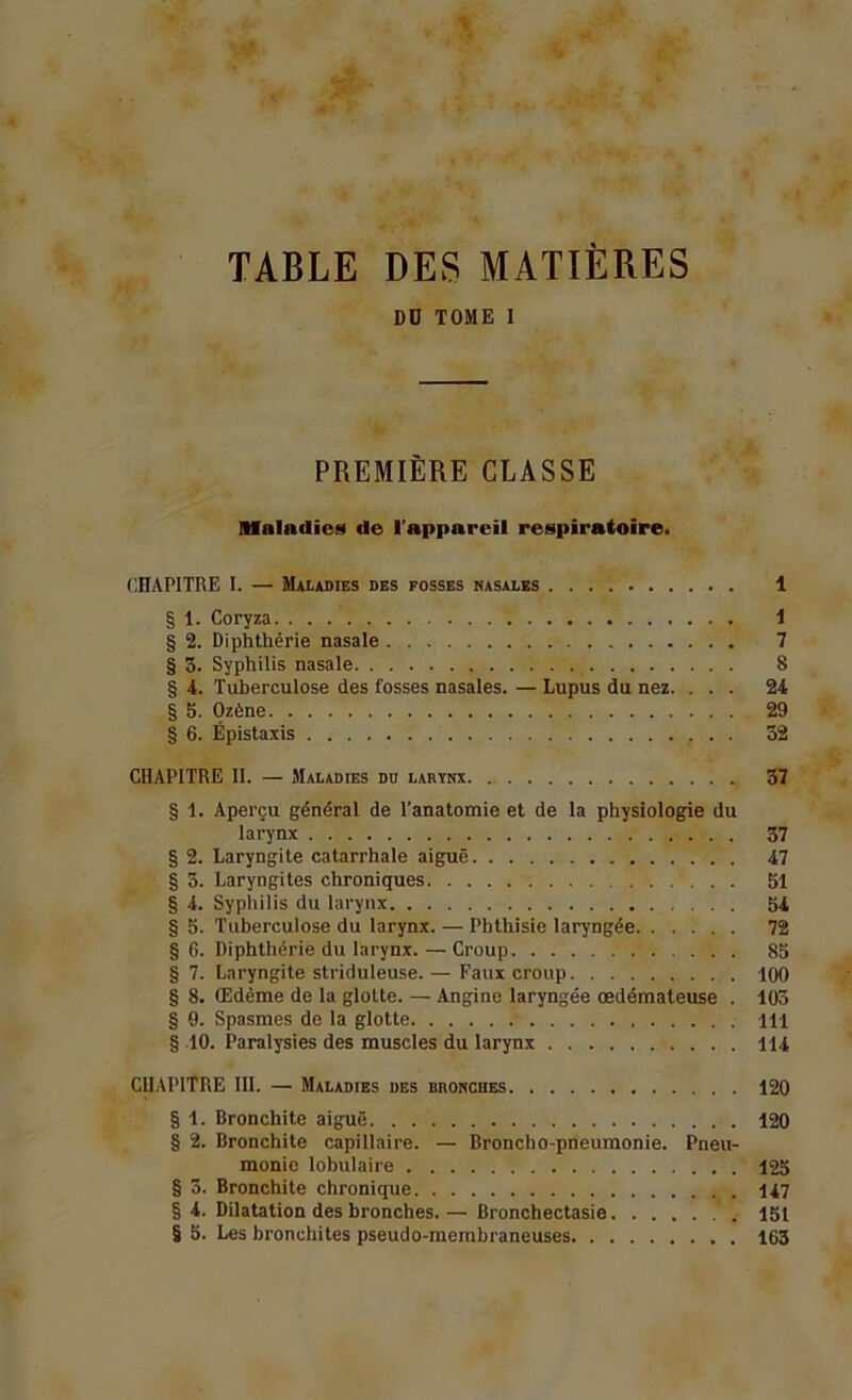 TABLE DES MATIÈRES DD TOME I PREMIÈRE CLASSE Maladies de l'appareil respiratoire. CHAPITRE I. — Maladies des fosses nasales 1 § 1. Coryza 1 § 2. Diphthérie nasale 7 § 5. Syphilis nasale 8 § A. Tuberculose des fosses nasales. — Lupus du nez. ... 24 § 5. Ozène 29 § 6. Épistaxis . . 32 CHAPITRE IL — Maladies dd larynx 37 § 1. Aperçu général de l’anatomie et de la physiologie du larynx 37 § 2. Laryngite catarrhale aiguë 47 § 5. Laryngites chroniques 51 § 4. Syphilis du larynx 54 § 5. Tuberculose du larynx. — Phthisie laryngée 72 § 6. Diphthérie du larynx. — Croup 85 § 7. Laryngite striduleuse. — Faux croup 100 § 8. Œdème de la glotte. — Angine laryngée œdémateuse . 103 § 0. Spasmes de la glotte 111 § 10. Paralysies des muscles du larynx 114 CHAPITRE III. —■ Maladies des bronches 120 § 1. Bronchite aiguë 120 § 2. Bronchite capillaire. — Broncho-pneumonie. Pneu- monie lobulaire 125 § 3. Bronchite chronique 147 § 4. Dilatation des bronches.— Bronchectasie 151