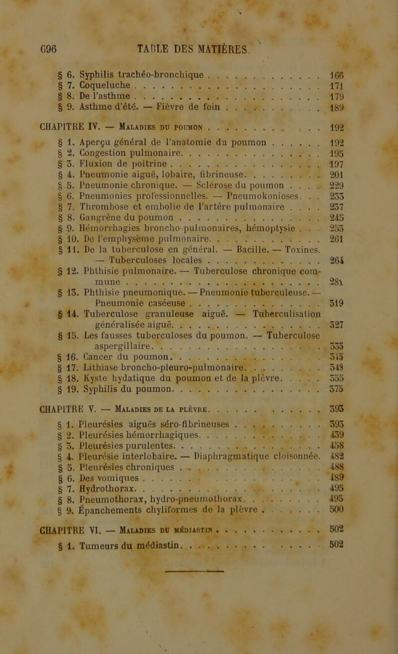 § 6. Syphilis trachéo-bronchique 166 § 7. Coqueluche 171 § 8. De l'asthme 179 § 9. Asthme d’été. — Fièvre de foin . . 189 CHAPITRE IV. — Maladies dü poumon „ ... 192 § 1. Aperçu général de l’anatomie du poumon 192 § 2. Congestion pulmonaire 195 § 5. Fluxion de poitrine 197 § A. Pneumonie aiguë, lobaire, fibrineuse 201 § 5. Pneumonie chronique. — Sclérose du poumon .... 229 § 6. Pneumonies professionnelles. — Pneumokonioses. . . 233 § 7. Thrombose et embolie de l’artère pulmonaire .... 257 § 8. Gangrène du poumon 245 § 9. Hémorrhagies broncho pulmonaires, hémoptysie . . . 255 § 10. De l’emphysème pulmonaire 261 § 11. De la tuberculose en général. — Bacille. — Toxines. — Tuberculoses locales 264 § 12. Phthisie pulmonaire. — Tuberculose chronique com- mune 28l § 13. Phthisie pneumonique. — Pneumonie tuberculeuse. — Pneumonie caséeuse 319 § 14. Tuberculose granuleuse aiguë. — Tuberculisation généralisée aiguë 527 § 15. Les fausses tuberculoses du poumon. — Tuberculose aspergillaire.’ ..335 § 16. Cancer du poumon 515 § 17. Lithiase broncho-pleuro-pulmonaire 549 § 18. Kyste hydatique du poumon et de la plèvre 555 § 19. Syphilis du poumon 575 CHAPITRE V. — Maladies de la plèvre 595 § 1. Pleurésies aiguës séro-fibrineuses 593 § 2. Pleurésies hémorrhagiques 439 § 3. Pleurésies purulentes 458 § 4. Pleurésie interlohaire. — Diaphragmatique cloisonnée. 482 § 5. Pleurésies chroniques . - 488 § 6. Des vomiques 489 § 7. Hydrothorax \r 495 § 8. Pneumothorax, hydro-pneumothorax 495 § 9. Épanchements chyliformes de la plèvre 500 CHAPITRE VI. — Maladies do iikdiastin 502 § 1. Tumeurs du médiastin 502