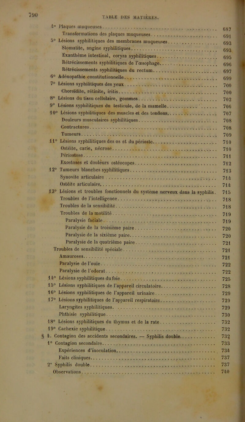 4° Plaques muqueuses Transformations des plaques muqueuses 5° Lésions syphilitiques des membranes muqueuses Stomatite, angine syphilitiques Exanthème intestinal, coryza syphilitiques... . Rétrécissements syphilitiques de l’œsophage... Rétrécissements syphilitiques du rectum 6° Adénopathie constitutionnelle 7° Lésions syphilitiques des yeux Choroïdite, rétinite, iritis 8° Lésions du tissu cellulaire, gommes 9° Lésions syphilitiques du testicule, de la mamelle 10° Lésions syphilitiques des muscles et des tendons Douleurs musculaires syphilitiques Contractures Tumeurs 11° Lésions syphilitiques des os et du périoste 710 Ostéite, carie, nécrose 710 Périostose 711 Exostoses et douleurs ostéocopes 712 12° Tumeurs blanches syphilitiques 713 Synovite articulaire 714 Ostéite articulaire 714 13° Lésions et troubles fonctionnels du système nerveux dans la syphilis. 715 Troubles de l’intelligence 718 Troubles de la sensibilité 718 Troubles de la motilité 719 Paralysie faciale 719 Paralysie de la troisième paire 720 Paralysie de la sixième paire 720 Paralysie de la quatrième paire 721 Troubles de sensibilité spéciale 721 Amauroses 72i Paralysie de l’ouïe 722 Paralysie de l’odorat 722 14° Lésions syphilitiques du foie 725 15° Lésions syphilitiques de l’appareil circulatoire 728 16° Lésions syphilitiques de l’appareil urinaire 729 17° Lésions syphilitiques de l’appareil respiratoire 729 Laryngites syphilitiques 729 Phthisie syphilitique 730 18° Lésions syphilitiques du thymus et de la rate 732 19° Cachexie syphilitique 732 § 4. Contagion des accidents secondaires. — Syphilis double 732 1° Contagion secondaire 733 Expériences d’inoculation 734 Faits cliniques 737 2 Syphilis double 737 Observations 740 687 691 693 693 695 696 697 699 700 700 702 706 707 708 708