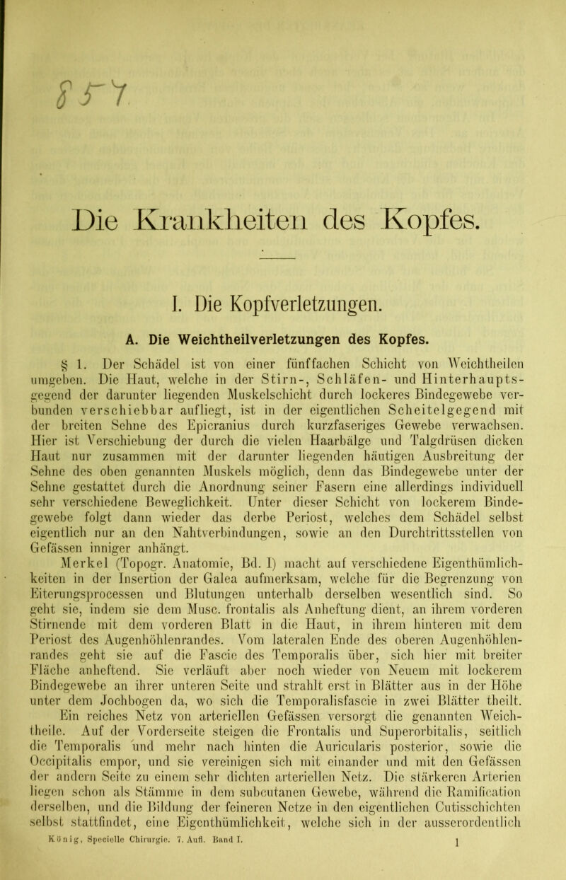 Die Krankheiten des Kopfes I. Die Kopfverletzungen. A. Die Weichtheilvepletzungen des Kopfes. § 1. Der Schädel ist von einer fünffachen Schicht von Weichtheilen umgeben. Die Haut, welche in der Stirn-, Schläfen- und Hinterhaupts- gegend der darunter liegenden Muskelschicht durch lockeres Bindegewebe ver- bunden verschiebbar aufliegt, ist in der eigentlichen Scheitelgegend mit der breiten Sehne des Epicranius durch kurzfaseriges Gewebe verwachsen. Hier ist Verschiebung der durch die vielen Haarbälge und Talgdrüsen dicken Haut nur zusammen mit der darunter liegenden häutigen Ausbreitung der Sehne des oben genannten Muskels möglich, denn das Bindegewebe unter der Sehne gestattet durch die Anordnung seiner Fasern eine allerdings individuell sehr verschiedene Beweglichkeit. Unter dieser Schicht von lockerem Binde- gewebe folgt dann wieder das derbe Periost, welches dem Schädel selbst eigentlich nur an den Nahtverbindungen, sowie an den Durchtrittsstellen von Gefässen inniger anhängt. Merkel (Topogr. Anatomie, Bd. I) macht auf verschiedene Eigenthiimlich- keiten in der Insertion der Galea aufmerksam, welche für die Begrenzung von Eiterungsprocessen und Blutungen unterhalb derselben wesentlich sind. So geht sie, indem sie dem Muse, frontalis als Anheftung dient, an ihrem vorderen Stirnende mit dem vorderen Blatt in die Haut, in ihrem hinteren mit dem Periost des Augenhöhlenrandes. Vom lateralen Ende des oberen Augenhöhlen- randes geht sie auf die Fascie des Temporalis über, sich hier mit breiter Fläche anheftend. Sie verläuft aber noch wieder von Neuem mit lockerem Bindegewebe an ihrer unteren Seite und strahlt erst in Blätter aus in der Höhe unter dem Jochbogen da, wo sich die Temporalisfascie in zwei Blätter theilt. Ein reiches Netz von arteriellen Gefässen versorgt die genannten Weich- theile. Auf der Vorderseite steigen die Frontalis und Superorbitalis, seitlich die Temporalis und mehr nach hinten die Auricularis posterior, sowie die Occipitalis empor, und sie vereinigen sich mit einander und mit den Gefässen der andern Seite zu einem sehr dichten arteriellen Netz. Die stärkeren Arterien liegen schon als Stämme in dem subcutanen Gewebe, während die Ramification derselben, und die Bildung der feineren Netze in den eigentlichen Cutisschichten selbst stattfindet, eine Eigentümlichkeit, welche sich in der ausserordentlich