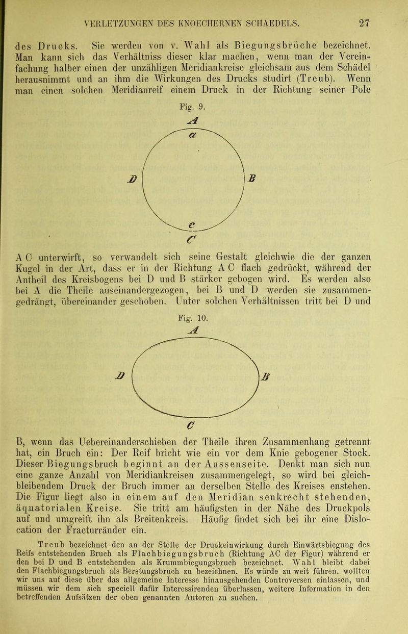 des Drucks. Sie werden von v. Wahl als Biegungsbrüche bezeichnet. Man kann sich das Verhältniss dieser klar machen, wenn man der Verein- fachung halber einen der unzähligen Meridiankreise gleichsam aus dem Schädel herausnimmt und an ihm die Wirkungen des Drucks studirt (Treub). Wenn man einen solchen Meridianreif einem Druck in der Richtung seiner Pole Fig. 9. A A C unterwirft, so verwandelt sich seine Gestalt gleichwie die der ganzen Kugel in der Art, dass er in der Richtung A C flach gedrückt, während der Antheil des Kreisbogens bei D und B stärker gebogen wird. Es werden also bei A die Theile auseinandergezogen, bei B und D werden sie zusammen- gedrängt, übereinander geschoben. Unter solchen Verhältnissen tritt bei D und Fig. 10. A B, wenn das Uebereinanderschieben der Theile ihren Zusammenhang getrennt hat, ein Bruch ein: Der Reif bricht wie ein vor dem Knie gebogener Stock. Dieser Biegungsbruch beginnt an der Aussenseite. Denkt man sich nun eine ganze Anzahl von Meridiankreisen zusammengelegt, so wird bei gleich- bleibendem Druck der Bruch immer an derselben Stelle des Kreises enstehen. Die Figur liegt also in einem auf den Meridian senkrecht stehenden, äquatorialen Kreise. Sie tritt am häufigsten in der Nähe des Druckpols auf und umgreift ihn als Breitenkreis. Häufig findet sich bei ihr eine Dislo- cation der Fracturränder ein. Treub bezeichnet den an der Stelle der Druck einwirkung durch Einwärtsbiegung des Reifs entstehenden Bruch als Flachbiegungsbruch (Richtung AC der Figur) während er den bei D und B entstehenden als Krummbiegungsbruch bezeichnet. Wahl bleibt dabei den Flachbiegungsbruch als Berstungsbruch zu bezeichnen. Es würde zu weit führen, wollten wir uns auf diese über das allgemeine Interesse hinausgehenden Controversen einlassen, und müssen wir dem sich speciell dafür Interessirenden überlassen, weitere Information in den betreffenden Aufsätzen der oben genannten Autoren zu suchen.