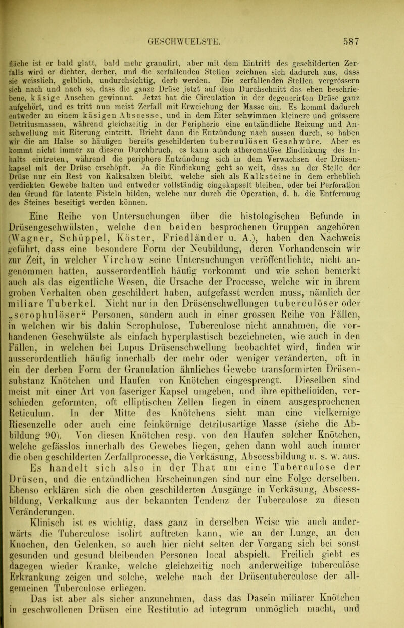 tiäche ist er bald glatt, bald mehr granulirt, aber mit dem Eintritt des geschilderten Zer- falls wird er dichter, derber, und die zerfallenden Stellen zeichnen sich dadurch aus, dass sie weisslich, gelblich, undurchsichtig, derb werden. Die zerfallenden Stellen vergrössern sich nach und nach so, dass die ganze Drüse jetzt auf dem Durchschnitt das eben beschrie- bene, käsige Ansehen gewinnnt. Jetzt hat die Circulation in der degenerirten Drüse ganz aufgehört, und es tritt nun meist Zerfall mit Erweichung der Masse ein. Es kommt dadurch entweder zu einem käsigen Abscesse, und in dem Eiter schwimmen kleinere und grössere Detritusmassen, während gleichzeitig in der Peripherie eine entzündliche Reizung und An- schwellung mit Eiterung eintritt. Bricht dann die Entzündung nach aussen durch, so haben wir die am Halse so häufigen bereits geschilderten tuberculösen Geschwüre. Aber es kommt nicht immer zu diesem Durchbruch, es kann auch atheromatöse Eindickung des In- halts eintreten, während die periphere Entzündung sich in dem Verwachsen der Drüsen- kapsel mit der Drüse erschöpft. Ja die Eindickung geht so weit, dass an der Stelle der Drüse nur ein Rest von Kalksalzen bleibt, welche sich als Kalksteine in dem erheblich verdickten Gewebe halten und entweder vollständig eingekapselt bleiben, oder bei Perforation den Grund für latente Fisteln bilden, welche nur durch die Operation, d. h. die Entfernung des Steines beseitigt werden können. Eine Reihe von Untersuchungen über die histologischen Befunde in Drüsengeschwülsten, welche den beiden besprochenen Gruppen angehören (Wagner, Schüppel, Köster, Friedländer u. A.), haben den Nachweis geführt, dass eine besondere Form der Neubildung, deren Vorhandensein wir zur Zeit, in welcher Virchow seine Untersuchungen veröffentlichte, nicht an- genommen hatten, ausserordentlich häufig vorkommt und wie schon bemerkt auch als das eigentliche Wesen, die Ursache der Processe, welche wir in ihrem groben Verhalten oben geschildert haben, auf gefasst werden muss, nämlich der miliare Tuberkel. Nicht nur in den Drüsenschwellungen tuberculöser oder „scrophulöseru Personen, sondern auch in einer grossen Reihe von Fällen, in welchen wir bis dabin Scrophulose, Tuberculose nicht annahmen, die vor- handenen Geschwülste als einfach hyperplastisch bezeichneten, wie auch in den Fällen, in welchen bei Lupus Drüsenschwellung beobachtet wird, finden wir ausserordentlich häufig innerhalb der mehr oder weniger veränderten, oft in ein der derben Form der Granulation ähnliches Gewebe transformirten Drüsen- substanz Knötchen und Haufen von Knötchen eingesprengt. Dieselben sind meist mit einer Art von faseriger Kapsel umgeben, und ihre epithelioiden, ver- schieden geformten, oft elliptischen Zellen liegen in einem ausgesprochenen Reticulum. In der Mitte des Knötchens sieht man eine vielkernige Riesenzelle oder auch eine feinkörnige detritusartige Masse (siehe die Ab- bildung 90). Von diesen Knötchen resp. von den Haufen solcher Knötchen, welche gefässlos innerhalb des Gewebes liegen, gehen dann wohl auch immer die oben geschilderten Zerfallprocesse, die Verkäsung, Abscessbildung u. s. w. aus. Es handelt sich also in der That um eine Tuberculose der Drüsen, und die entzündlichen Erscheinungen sind nur eine Folge derselben. Ebenso erklären sich die oben geschilderten Ausgänge in Verkäsung, Abscess- bildung, Verkalkung aus der bekannten Tendenz der Tuberculose zu diesen Veränderungen. Klinisch ist es wichtig, dass ganz in derselben Weise wie auch ander- wärts die Tuberculose isolirt auftreten kann, wie an der Lunge, an den Knochen, den Gelenken, so auch hier nicht selten der Vorgang sich bei sonst gesunden und gesund bleibenden Personen local abspielt. Freilich giebt es dagegen wieder Kranke, welche gleichzeitig noch anderweitige tuberculose Erkrankung zeigen und solche, welche nach der Drüsentuberculose der all- gemeinen Tuberculose erliegen. Das ist aber als sicher anzunehmen, dass das Dasein miliarer Knötchen in geschwollenen Drüsen eine Restitutio ad integrum unmöglich macht, und